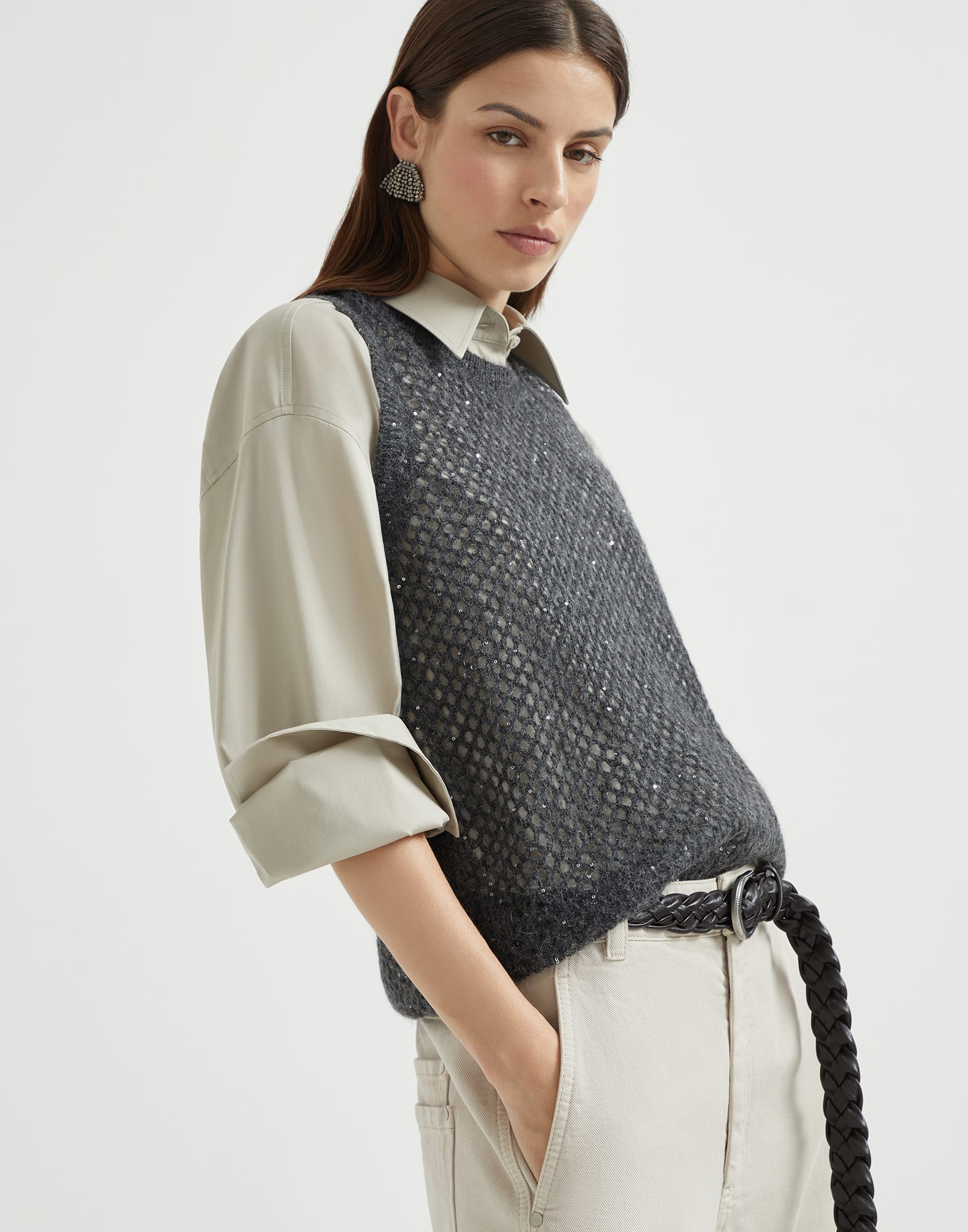 Dazzling Net knit top Anthracite Woman - Brunello Cucinelli