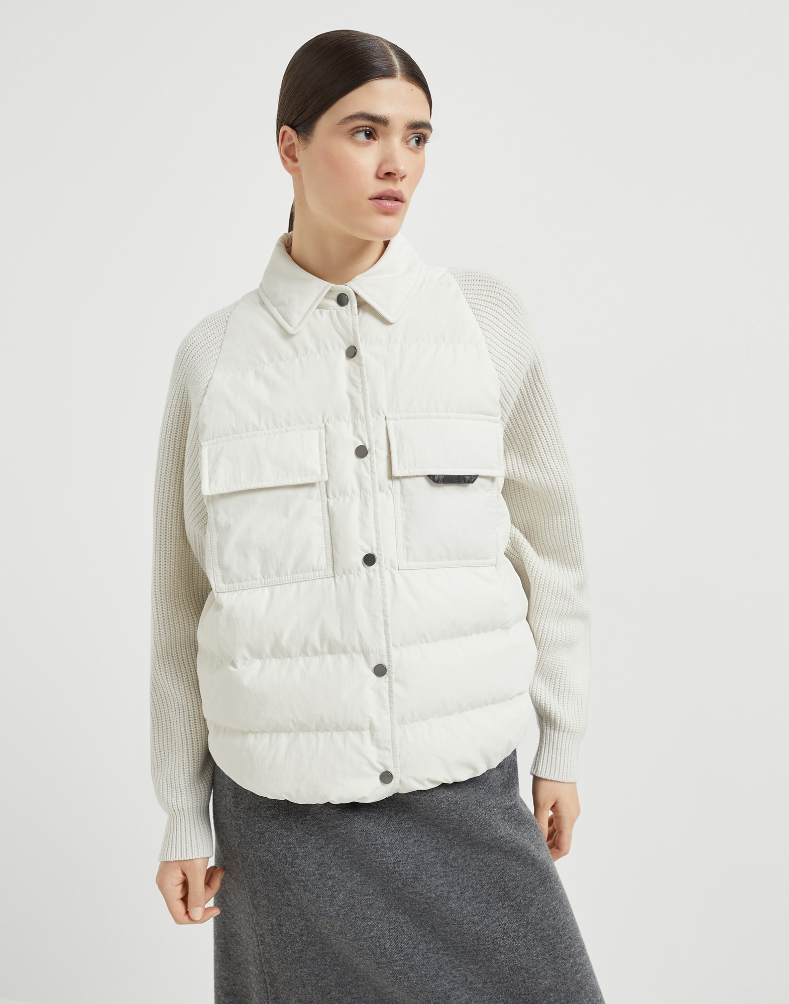 ダウンジャケット・コート BRUNELLO CUCINELLI OVERSIZED DOWN JACKET IN TECHNICAL COTTON Cotton down jacket for Woman in Ivory | Brunello Cucinelli