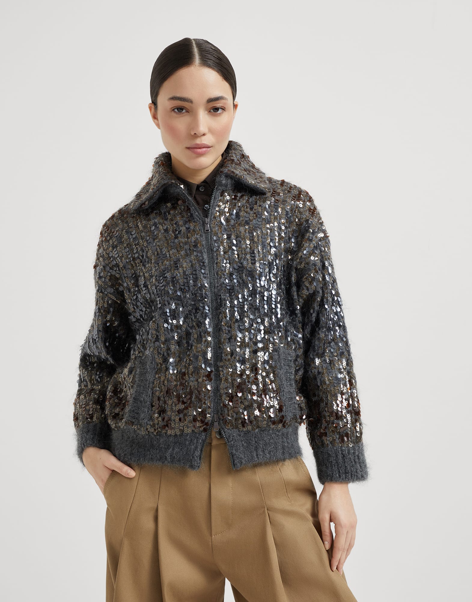 Cardigan Dazzling Dégradé Embroidery Piombo Donna - Brunello Cucinelli