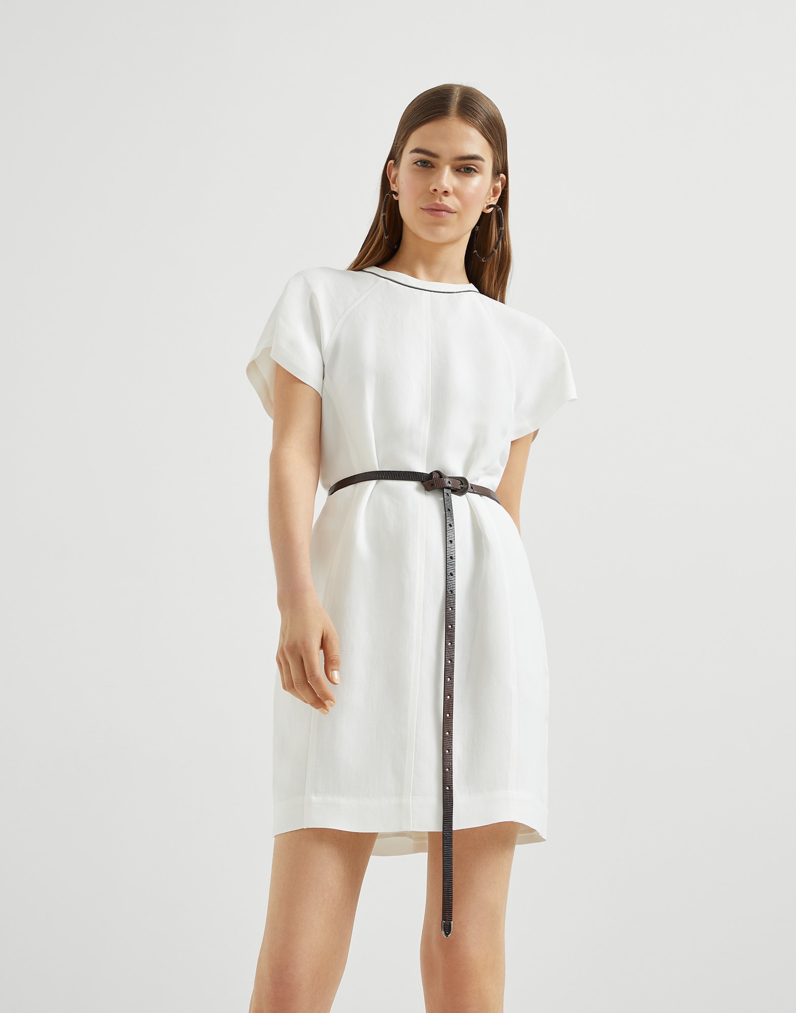 Twill mini dress with monili Ivory Woman - Brunello Cucinelli
