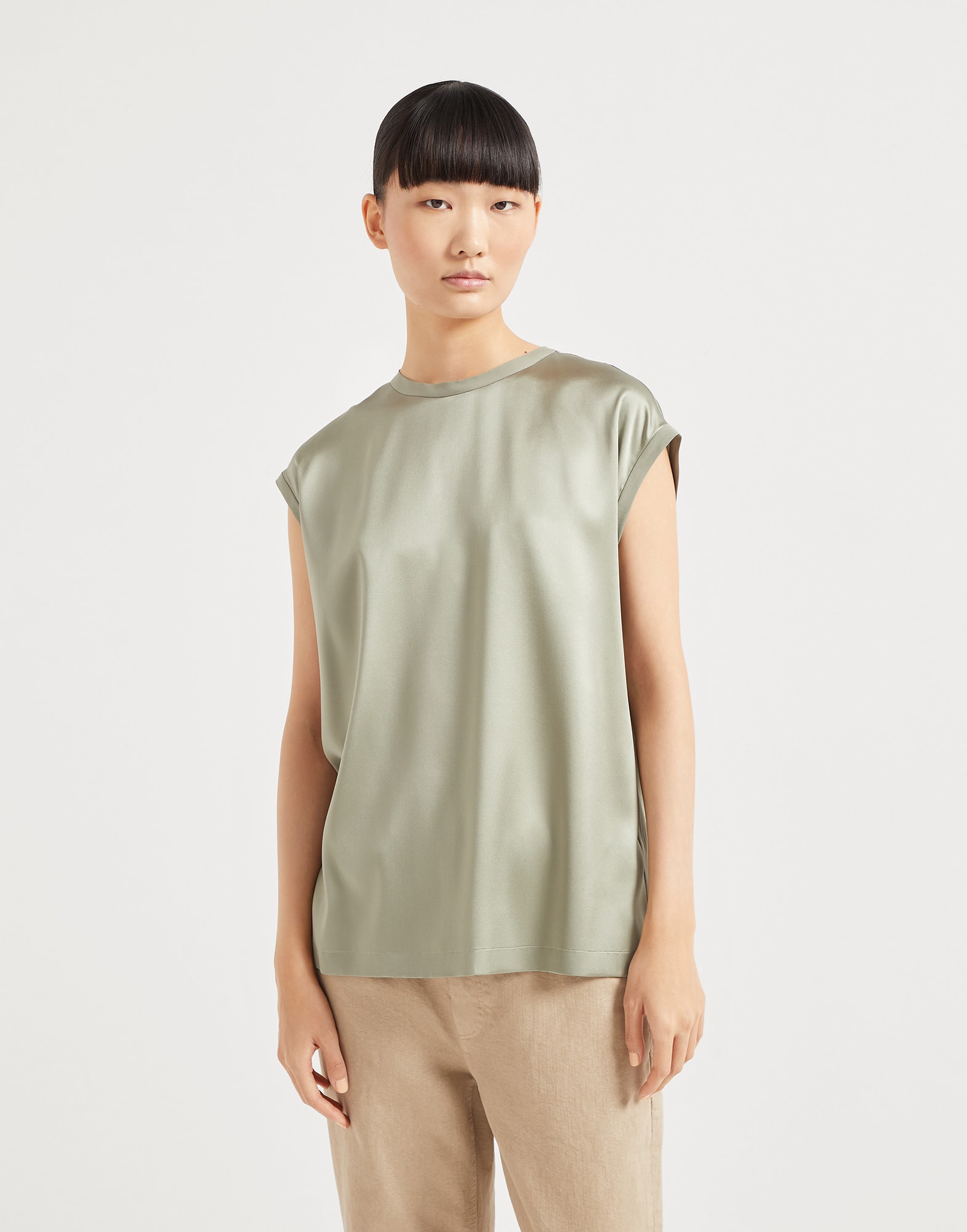 T-shirt in raso Verde Donna - Brunello Cucinelli