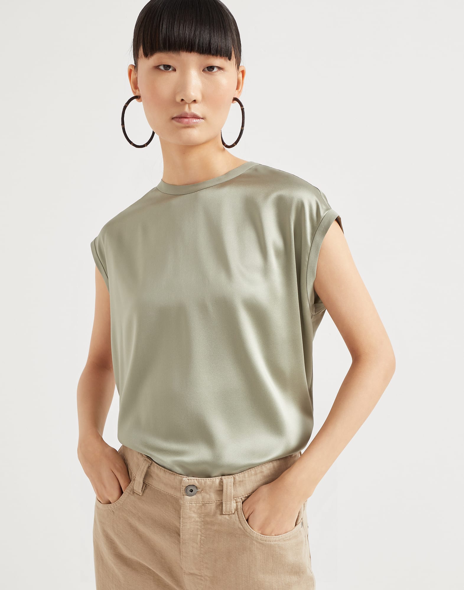 Camiseta de raso para Mujer en Cacao Brunello Cucinelli