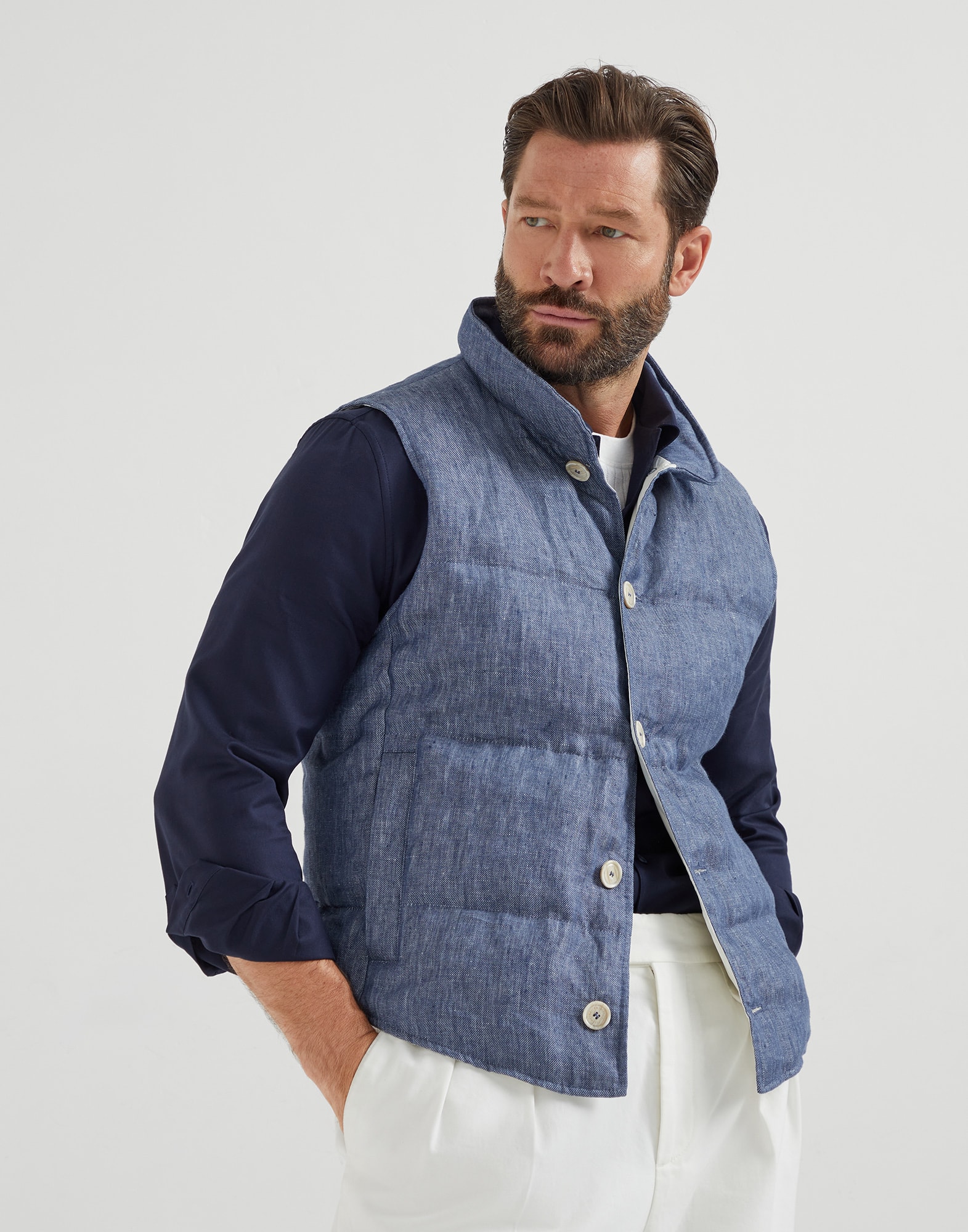 Linen down vest Denim Man - Brunello Cucinelli