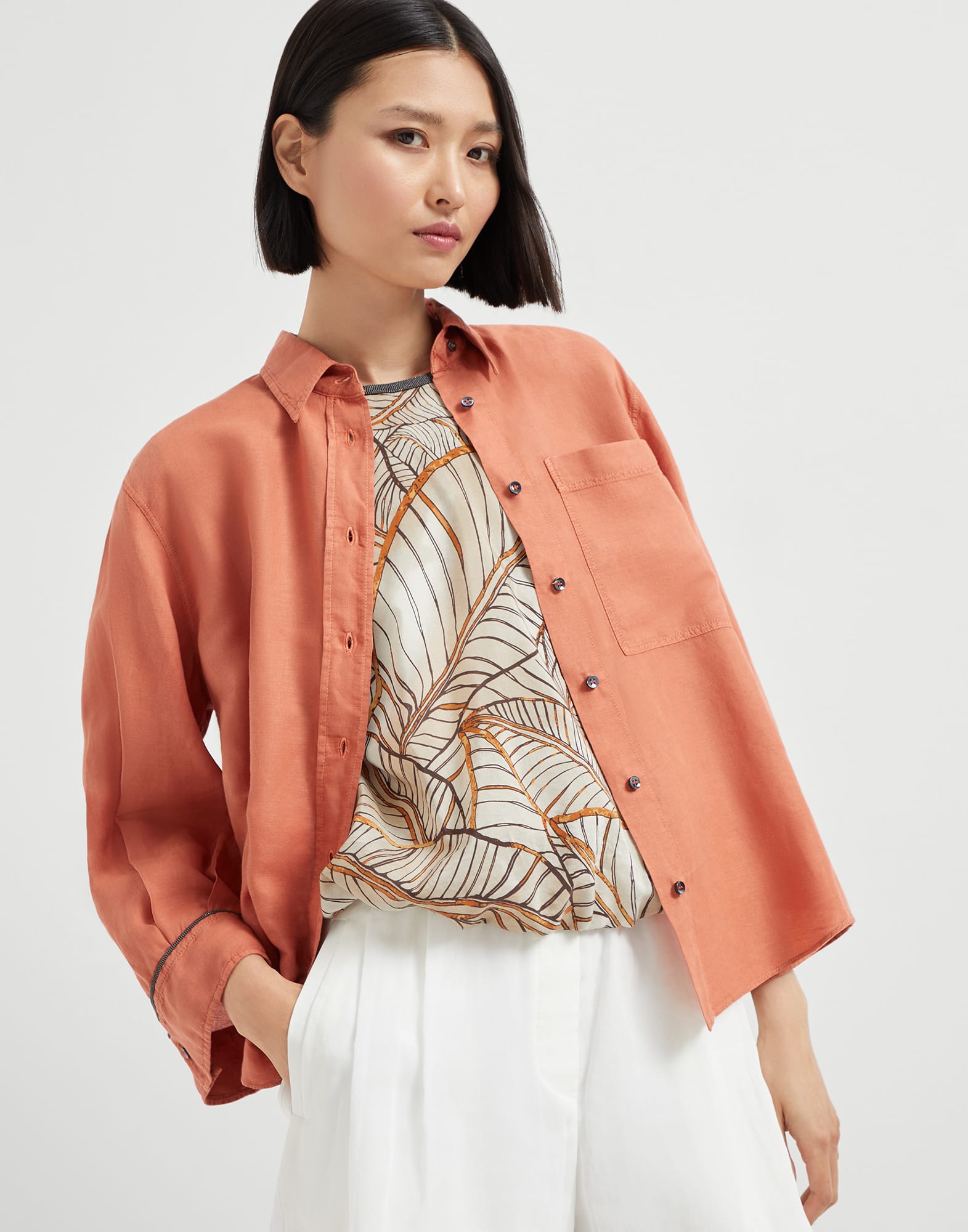 Camisa de tela pinpoint con Monile Mandarina Mujer - Brunello Cucinelli