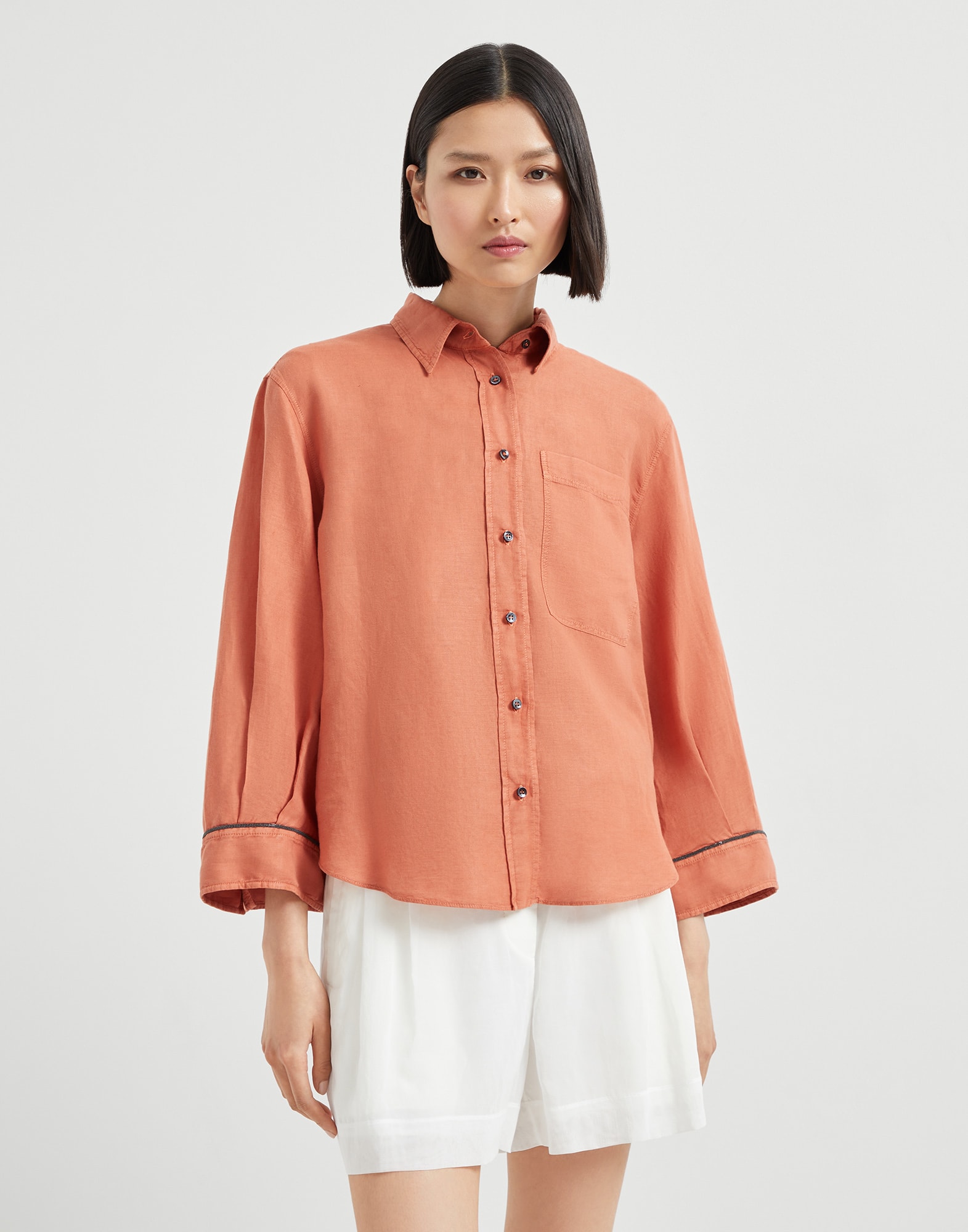 Camisa de tela pinpoint con Monile Mandarina Mujer - Brunello Cucinelli