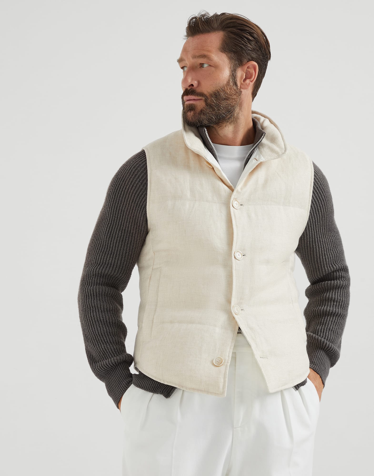 Diagonal twill down vest Sand Man - Brunello Cucinelli