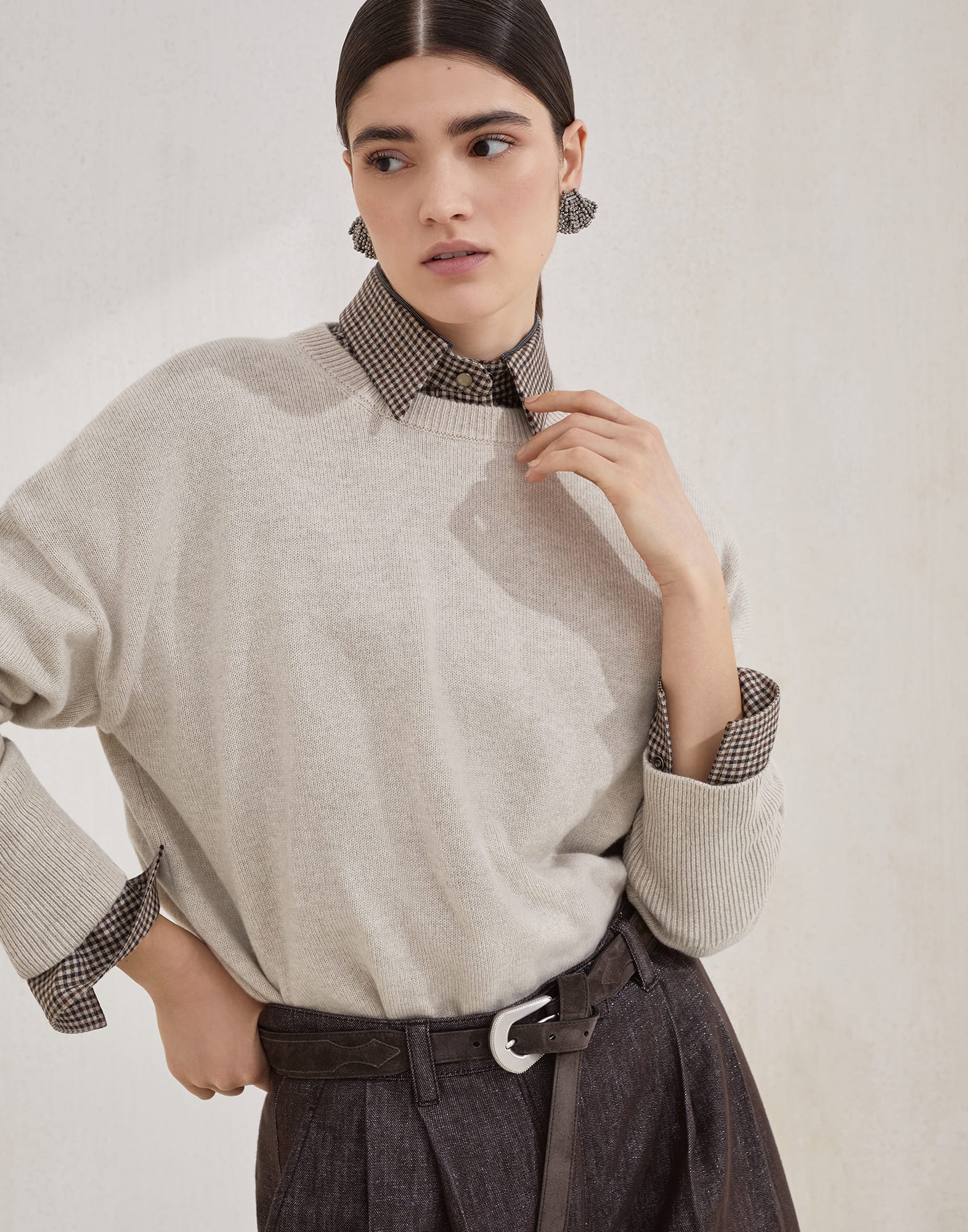 Cashmere sweater with monili Beige Woman - Brunello Cucinelli