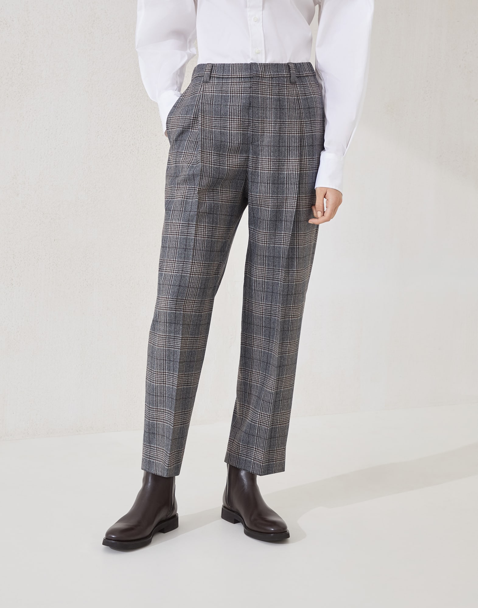 Pantalón Baggy en Príncipe de Gales Antracita Mujer - Brunello Cucinelli