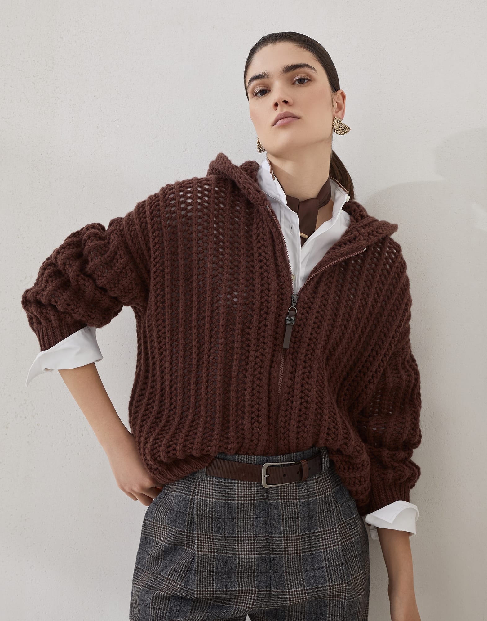 Pantalón Baggy en Príncipe de Gales Antracita Mujer - Brunello Cucinelli