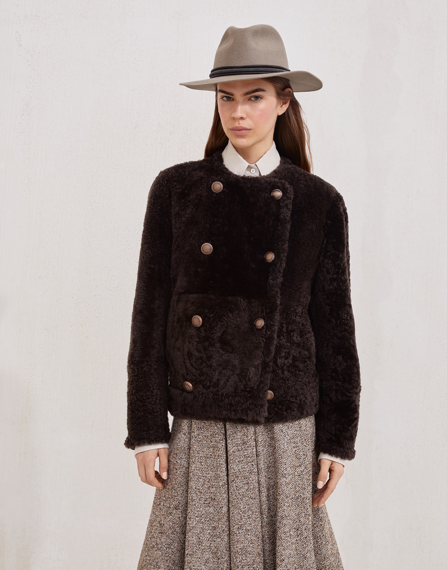 Fuzzy shearling cropped pea coat Rust Brown Woman - Brunello Cucinelli