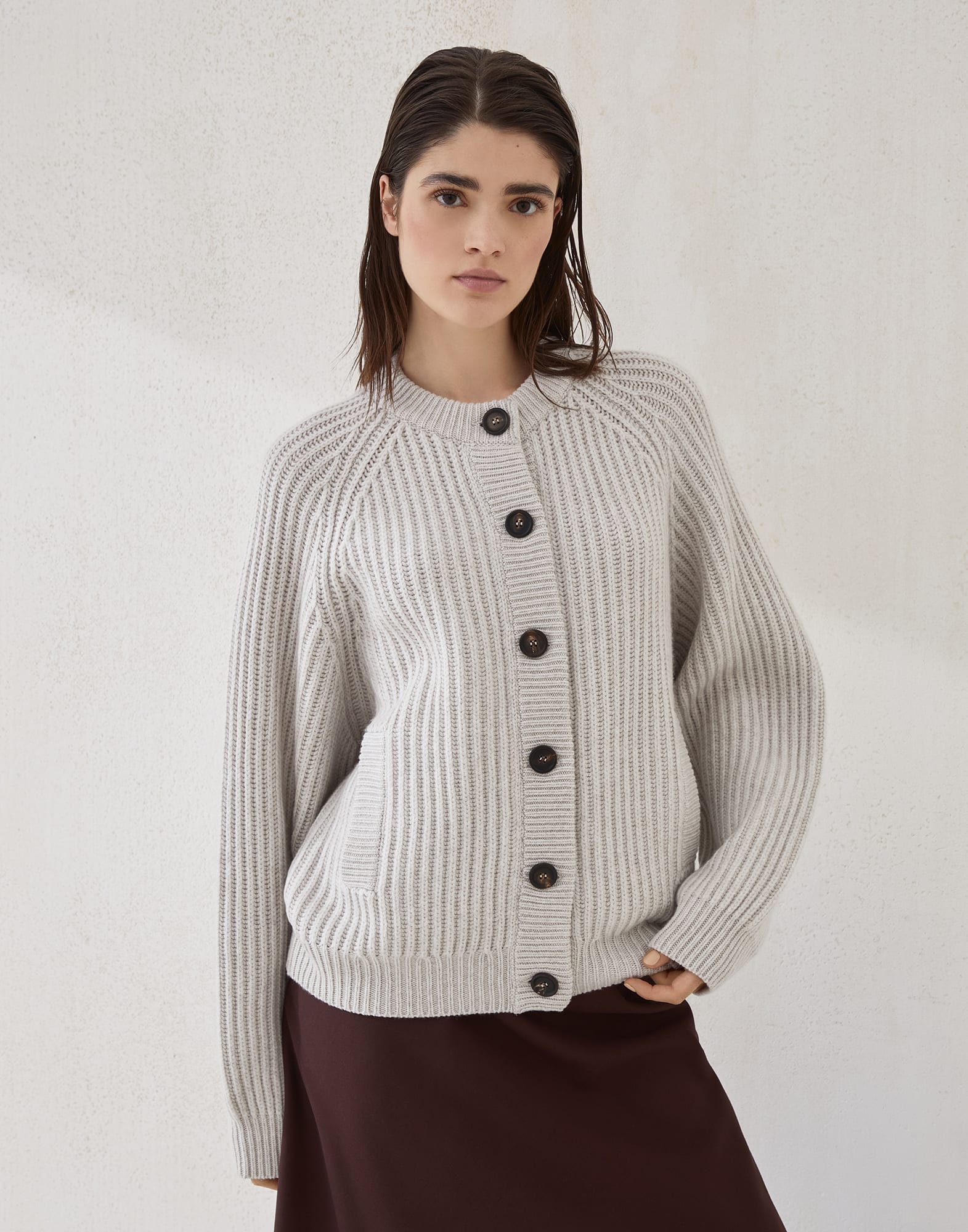 Cashmere Feather yarn cardigan Cool Beige Woman - Brunello Cucinelli
