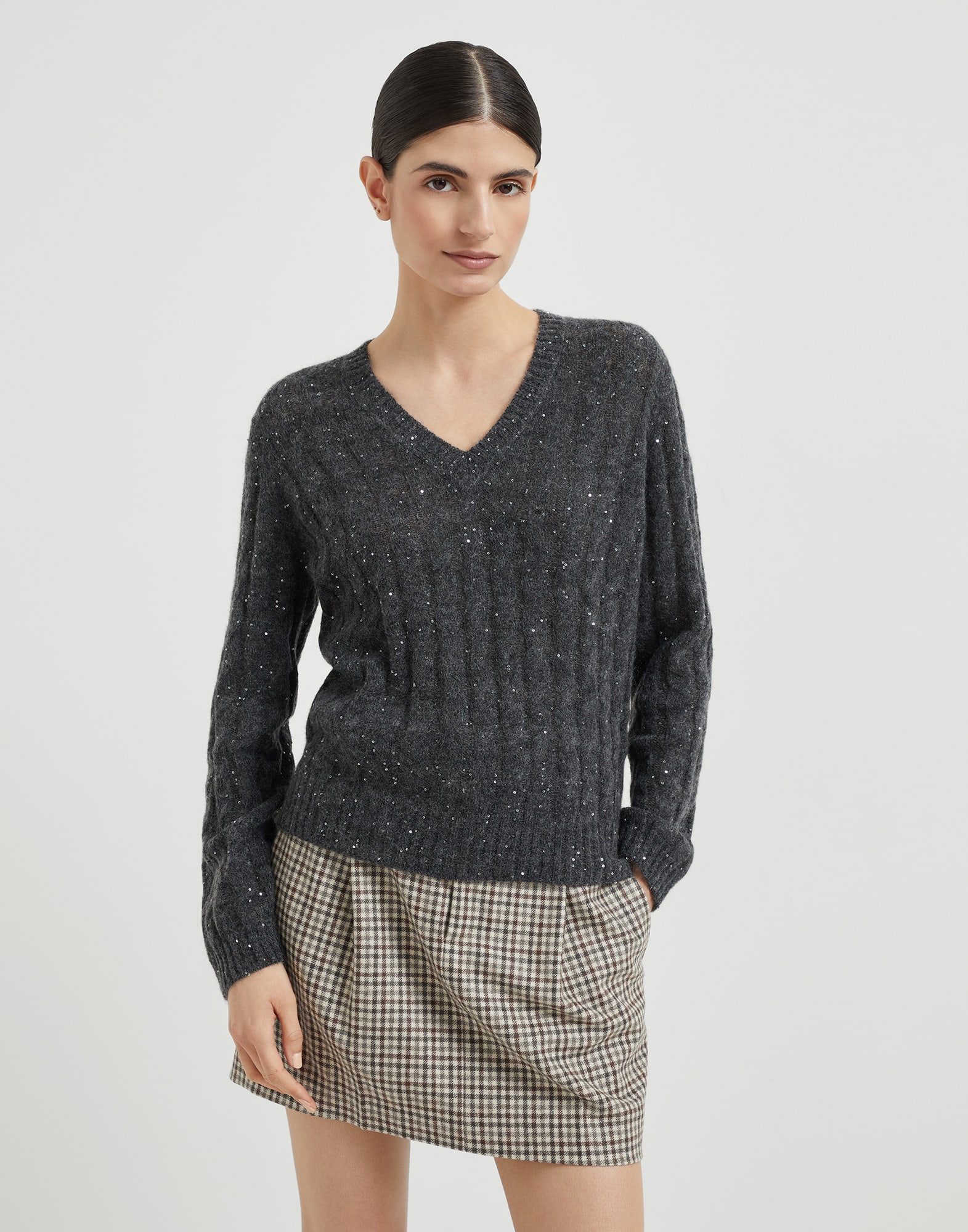 Dazzling Cable sweater Anthracite Woman - Brunello Cucinelli