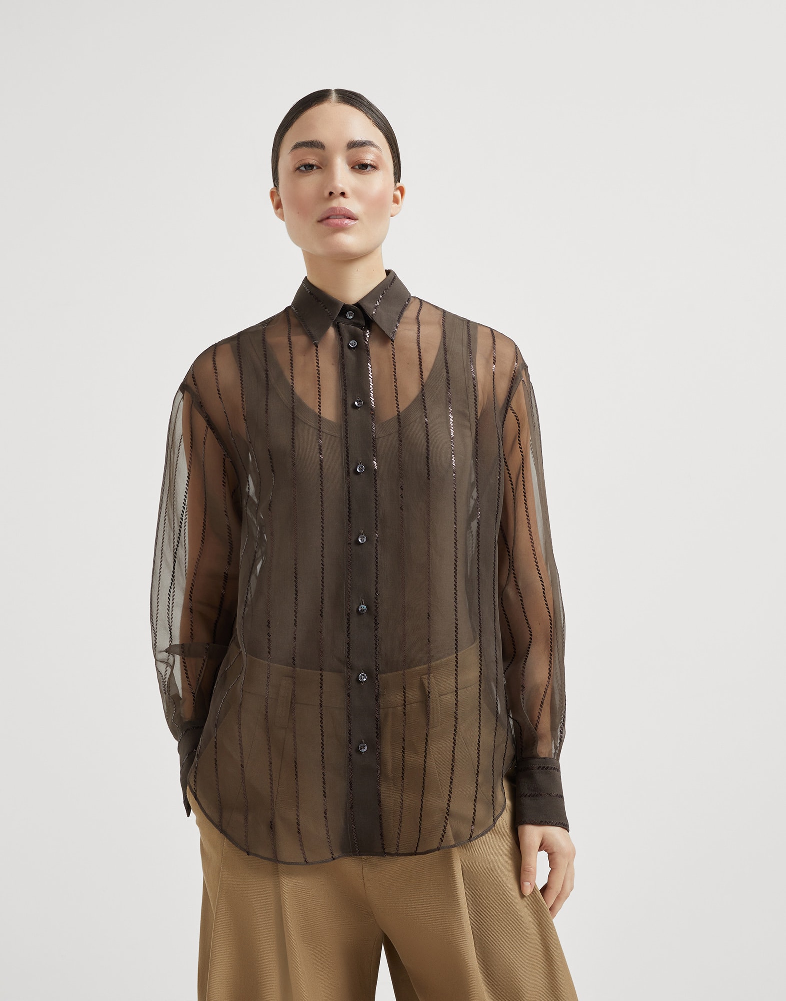 Camicia Dazzling Embroidery Cacao Donna - Brunello Cucinelli