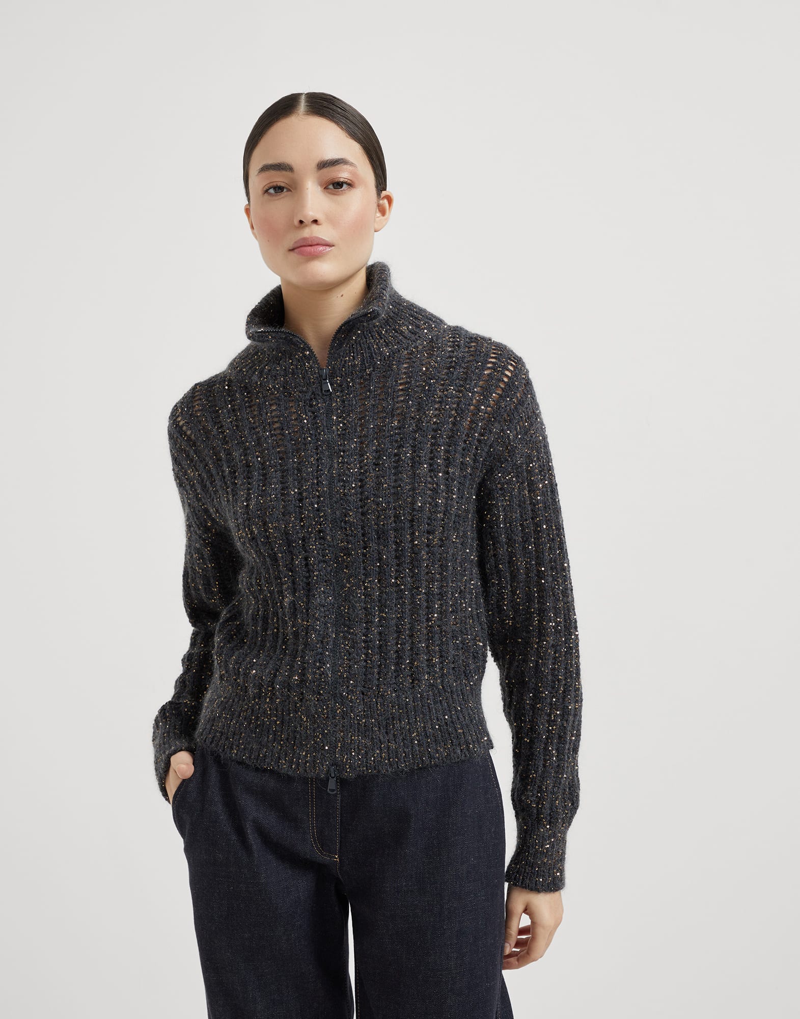 Dazzling rib cardigan Anthracite Woman - Brunello Cucinelli