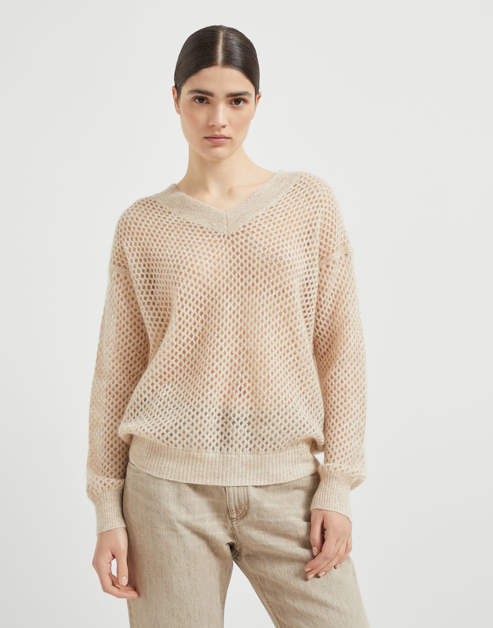 Dazzling Mesh sweater Warm Beige Woman - Brunello Cucinelli