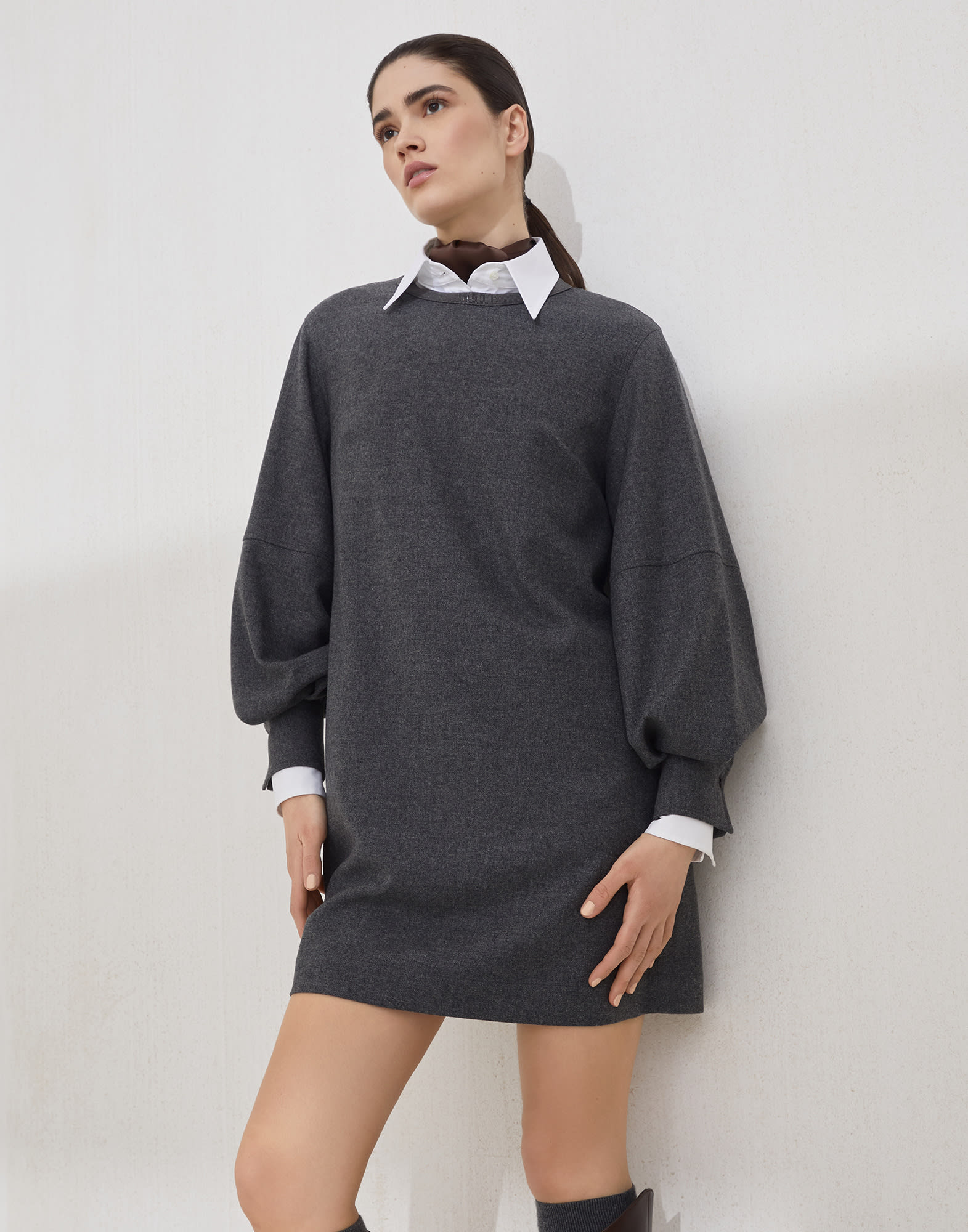 Kleid aus Flanelltwill mit Monili Blei Damen - Brunello Cucinelli