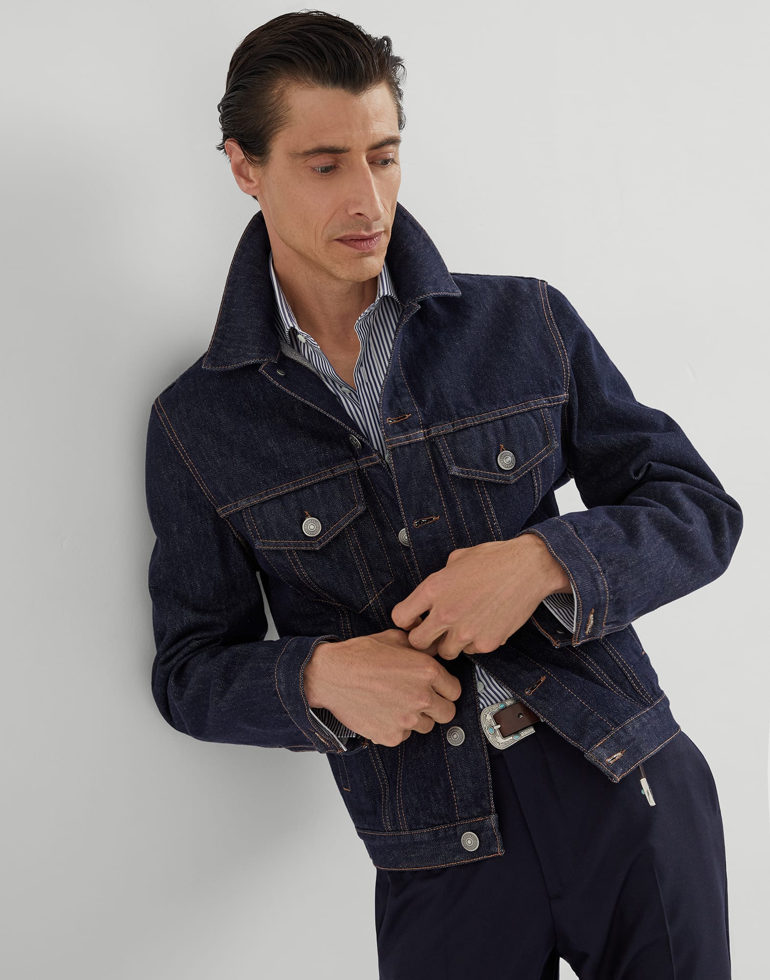 Striped poplin shirt for Man in Navy Blue | Brunello Cucinelli Striped poplin shirt for Man in Navy Blue | Brunello Cucinelli