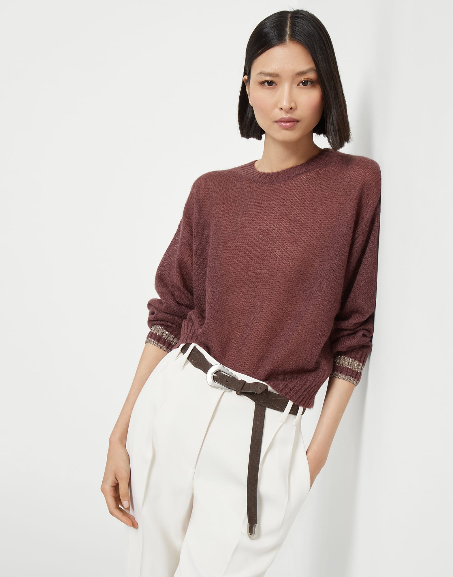 Sweater with Sparkling Cuffs Purple Woman - Brunello Cucinelli