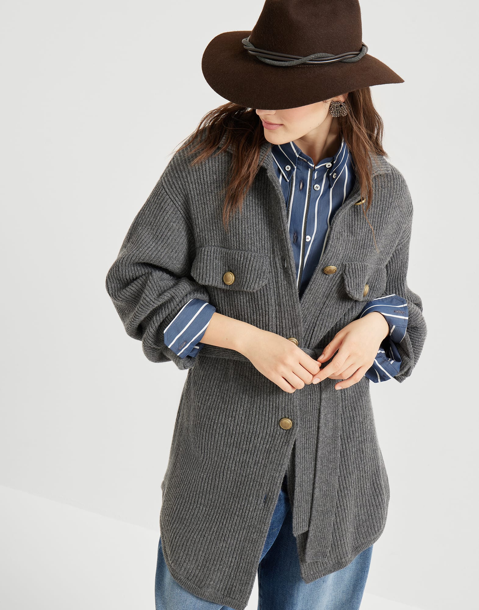 English rib knit cardigan Lead Woman - Brunello Cucinelli