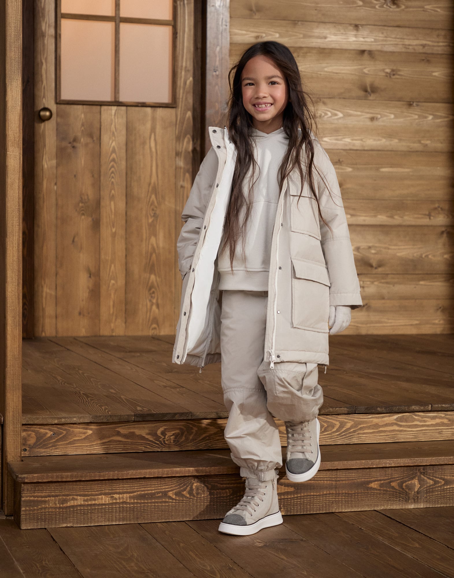 Taffeta parka Beige Silk Girls - Brunello Cucinelli