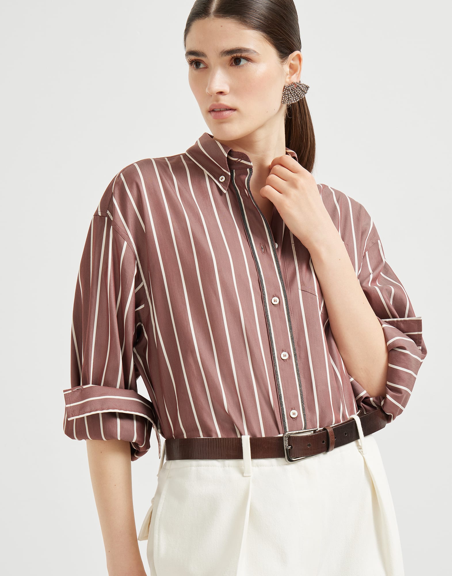 Striped poplin shirt Amaranth Woman - Brunello Cucinelli