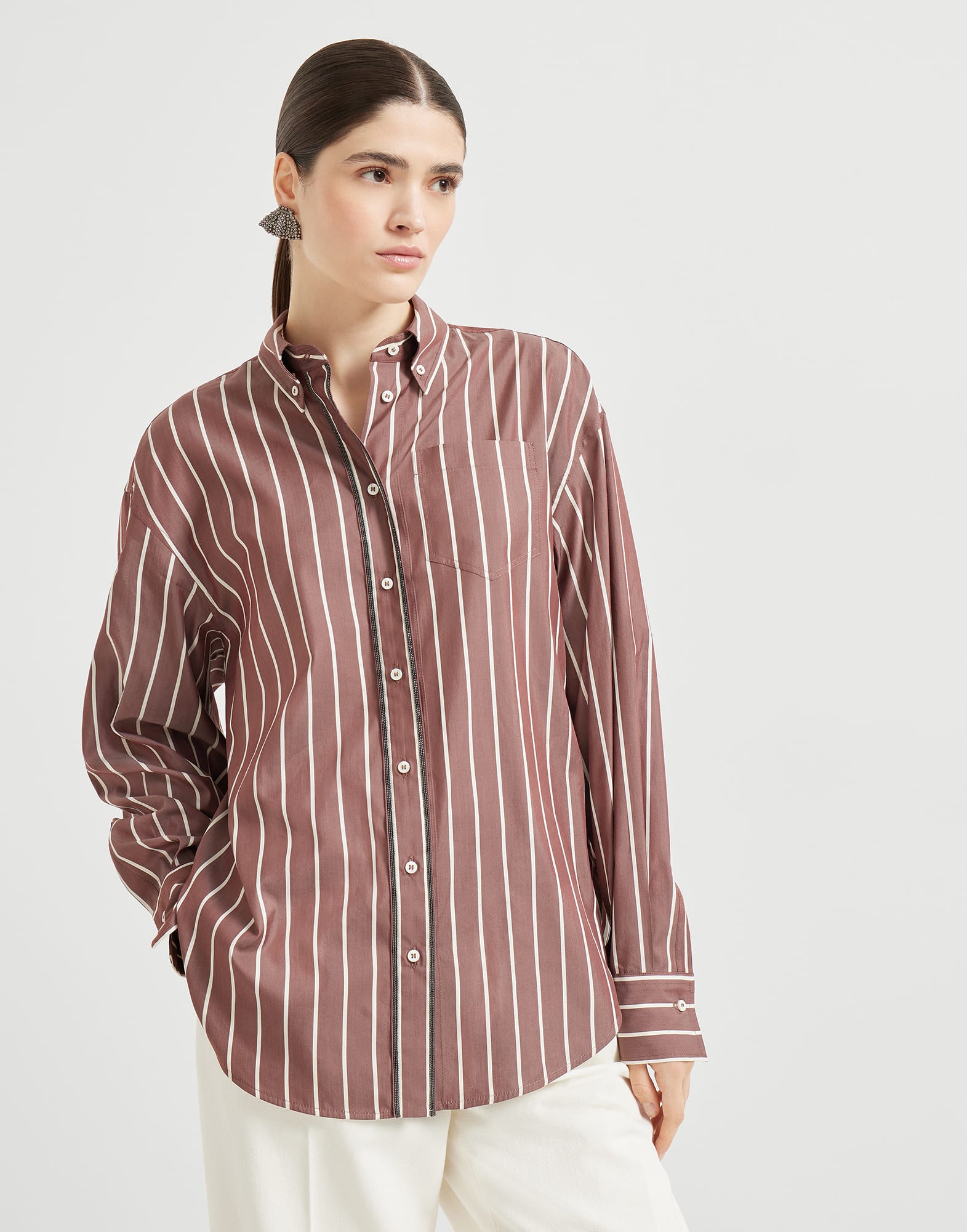 Camicia in popeline rigato Amaranto Donna - Brunello Cucinelli