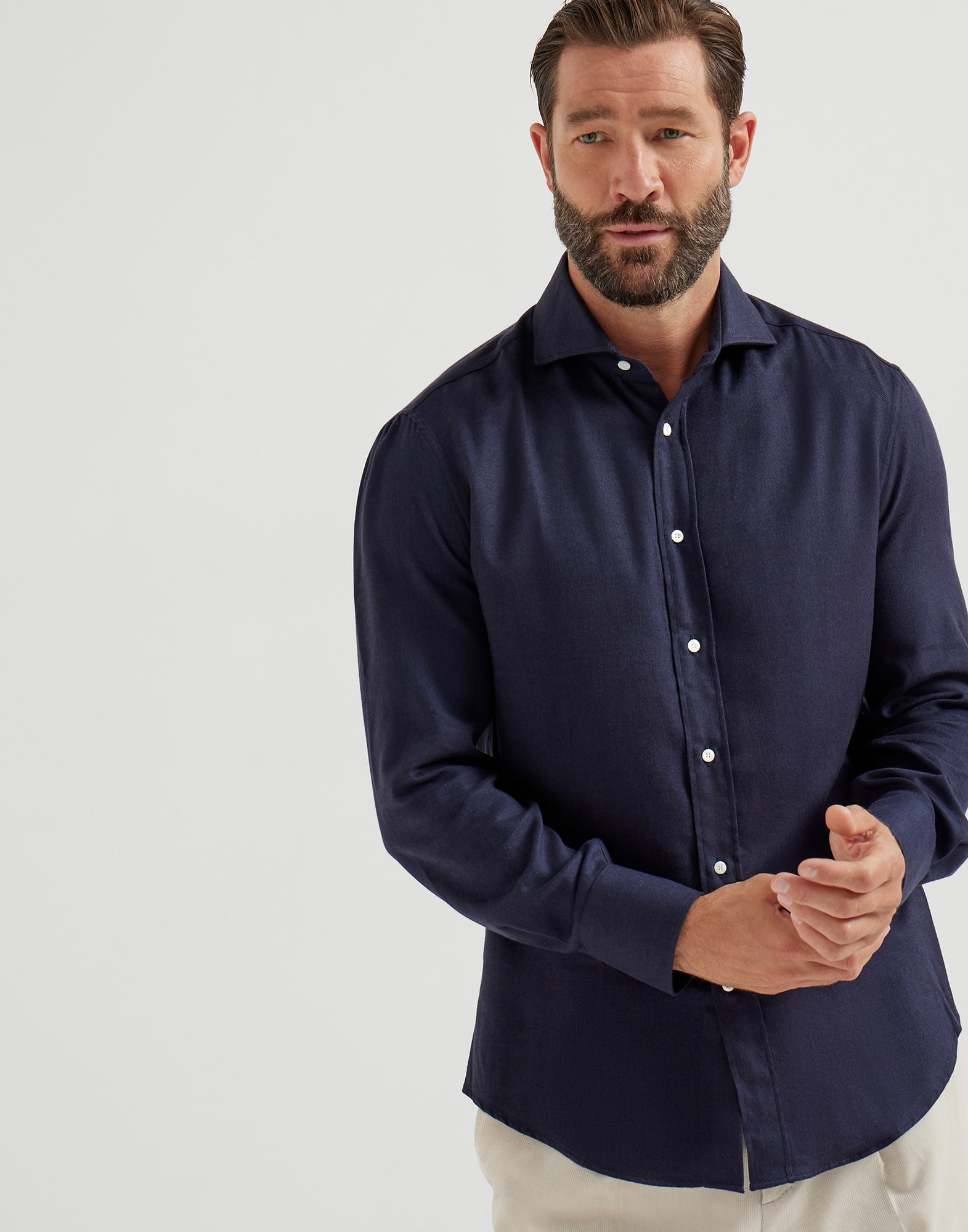 【BRUNELLO CUCINELLI】 Flannel chevron shirt for Man in Navy Blue | Brunello Cucinelli