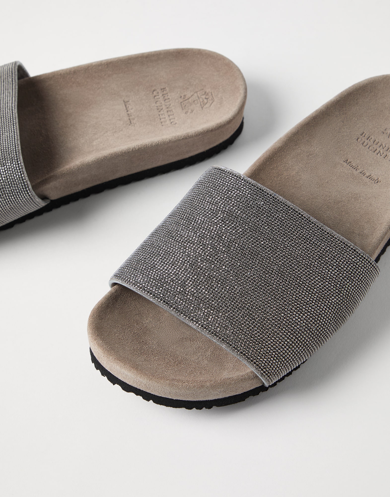 Suede slides for Woman in Silver | Brunello Cucinelli Suede slides for Woman in Silver | Brunello Cucinelli
