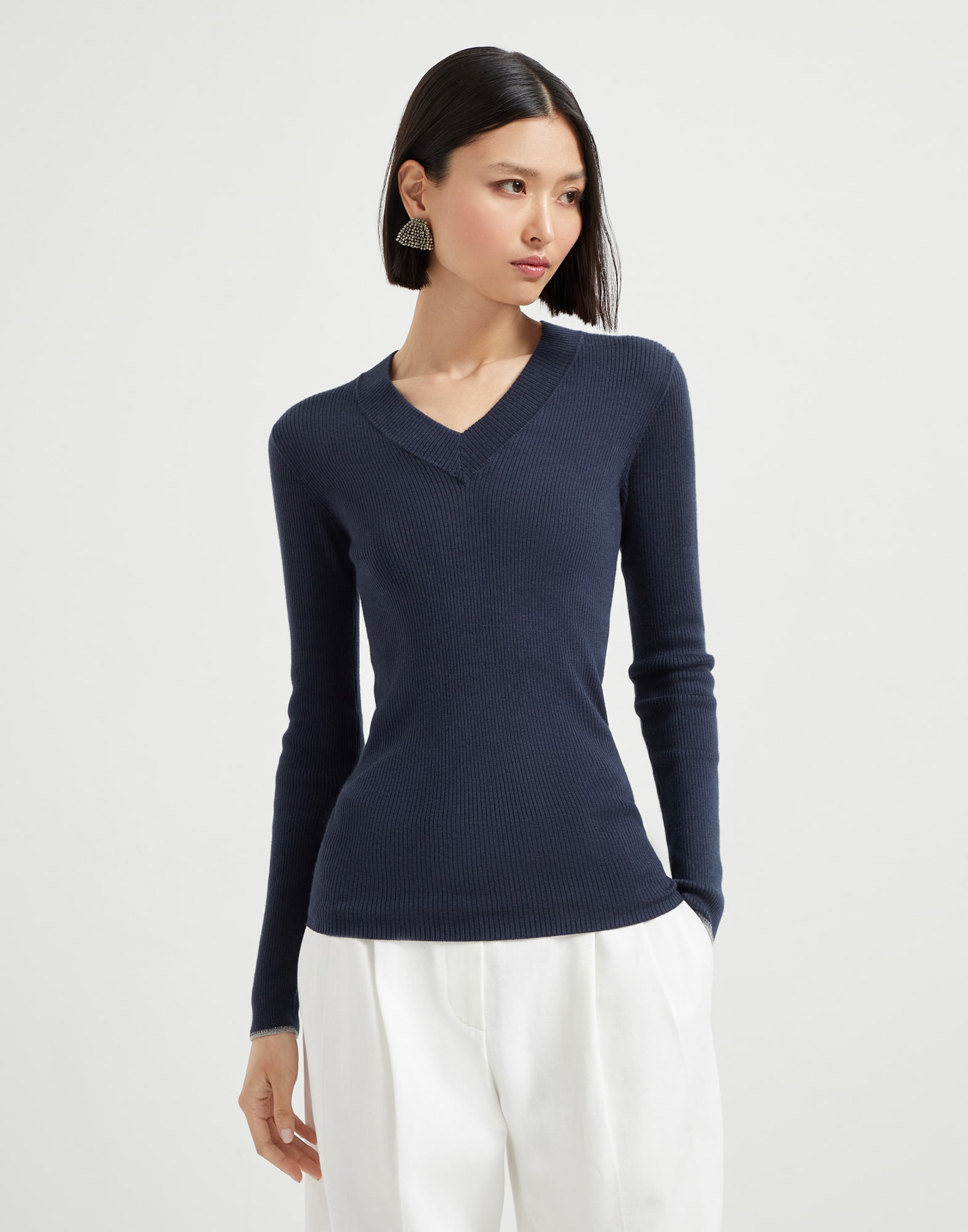 Lightweight sweater with Sparkling Cuffs Navy Blue Woman - Brunello Cucinelli
