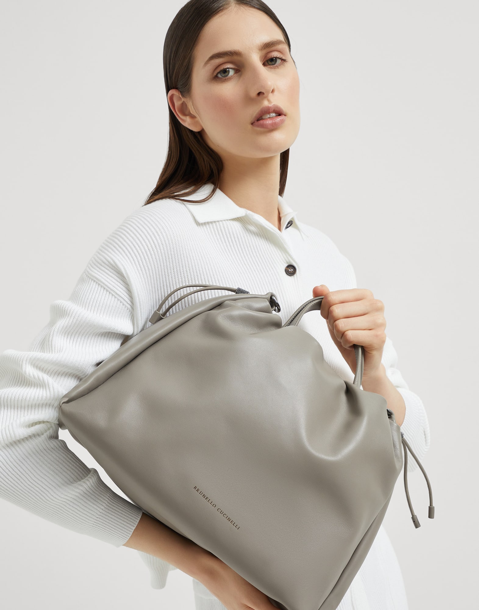 Large Soft leather Mellow Shopper bag Light Grey Woman - Brunello Cucinelli