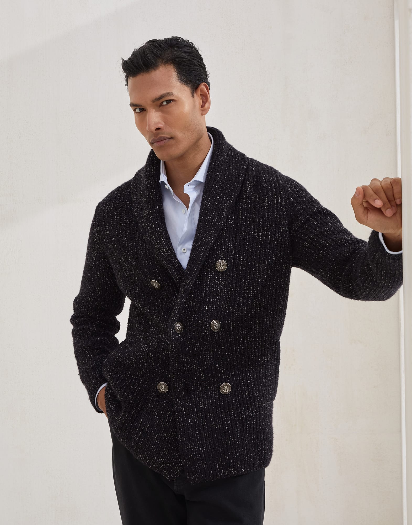 ワンアンドハーフブレスト カーディガン ブラック メンズ - Brunello Cucinelli