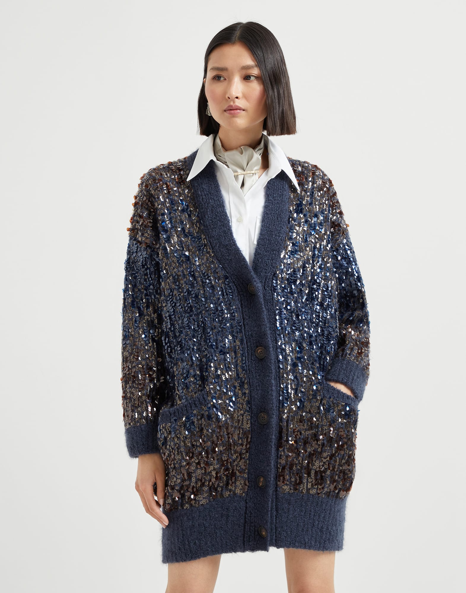 Dazzling dégradé embroidery cardigan Navy Blue Woman - Brunello Cucinelli