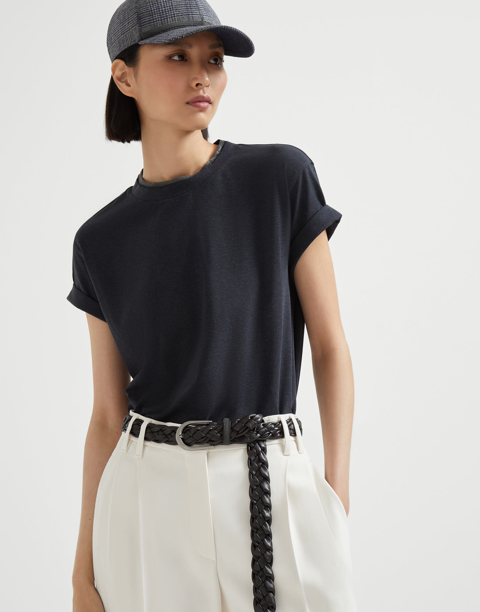 T-shirt with Precious Faux Layering for Woman in Anthracite T-shirt with Precious Faux Layering for Woman in Anthracite