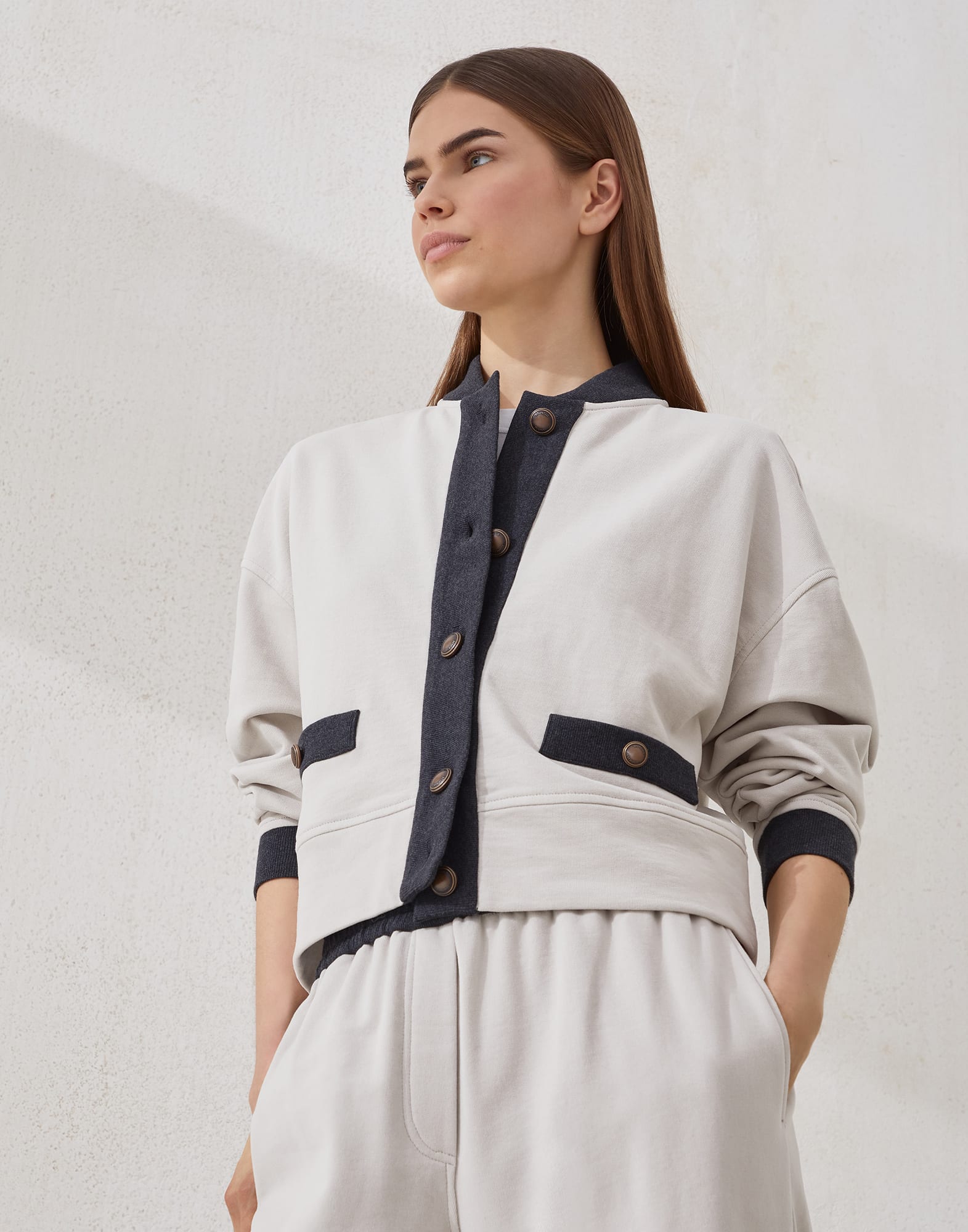 Smooth French terry cardigan-style top Cool Beige Woman - Brunello Cucinelli