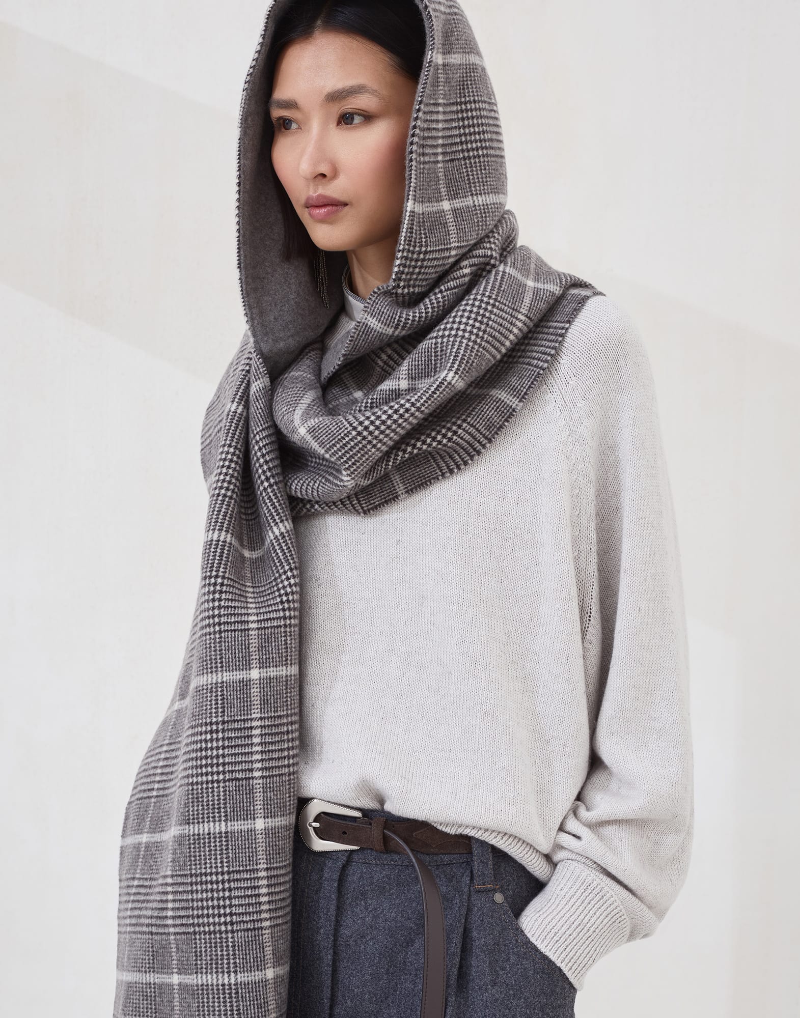 Schal in Prince-of-Wales-Karo Braun Damen - Brunello Cucinelli