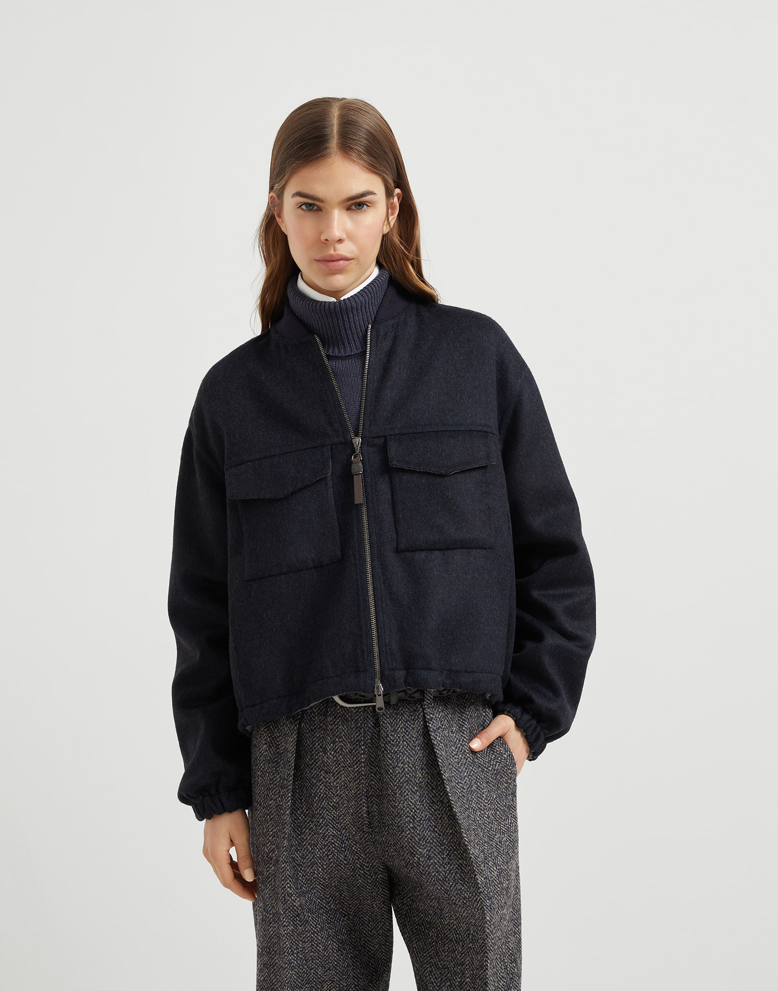 Handgearbeiteter Blouson aus Doppelgewebe Nacht Damen - Brunello Cucinelli