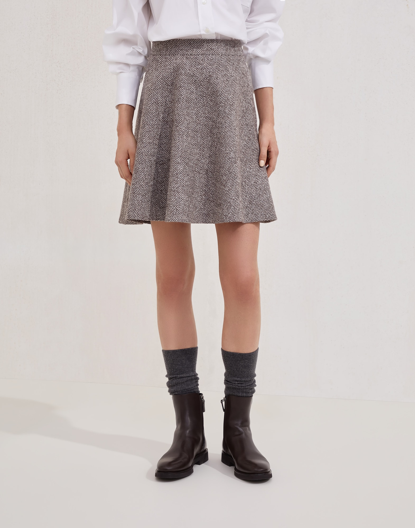 Chevron tweed circle miniskirt Light Brown Woman - Brunello Cucinelli