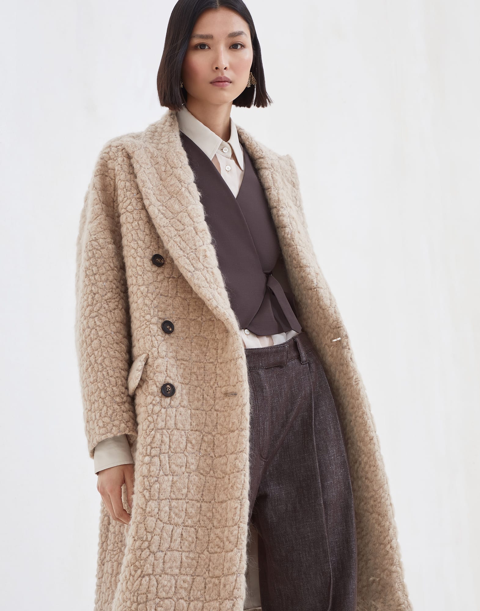 Coat with dazzling croc motif for Woman in Camel | Brunello Coat with dazzling croc motif for Woman in Camel | Brunello