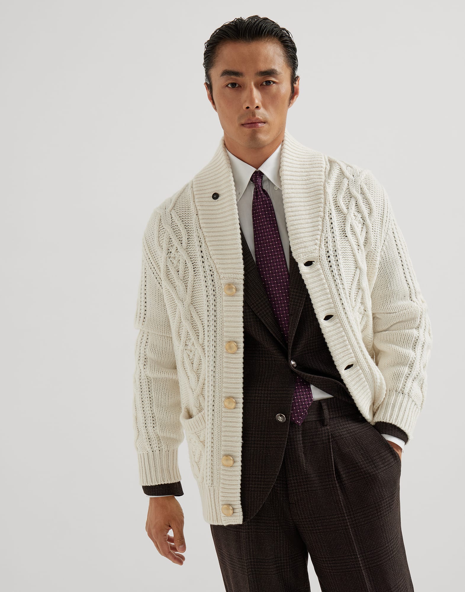 辫子条纹开衫 巴拿马色 男款 - Brunello Cucinelli