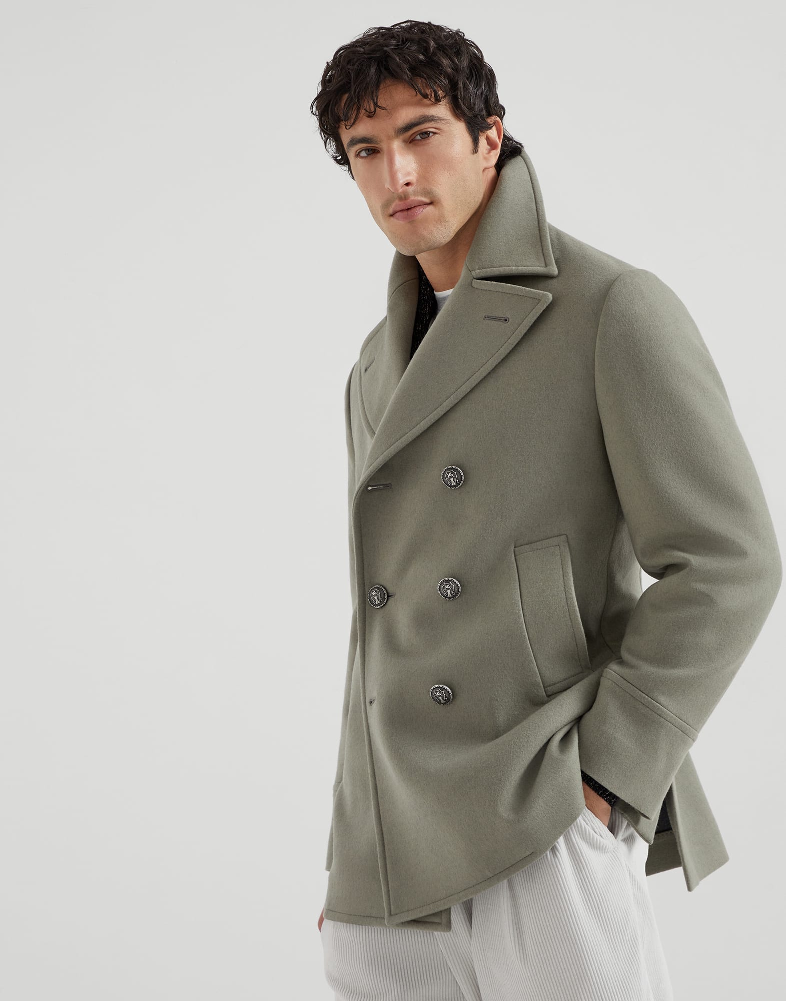 ウールフランネル ピーコート カーキ メンズ - Brunello Cucinelli