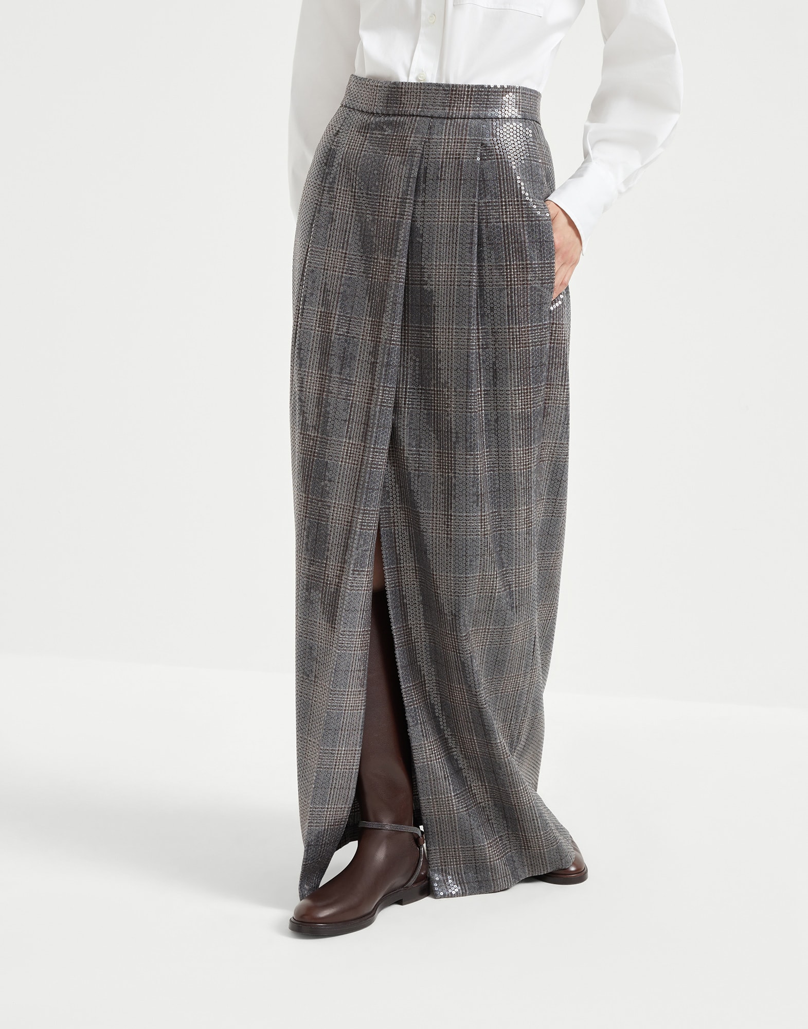Prince of wales skirt with embroidery Anthracite Woman - Brunello Cucinelli