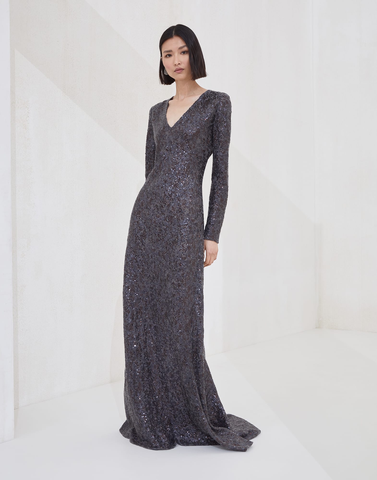 Mermaid dress with dazzling embroidery Anthracite Woman - Brunello Cucinelli