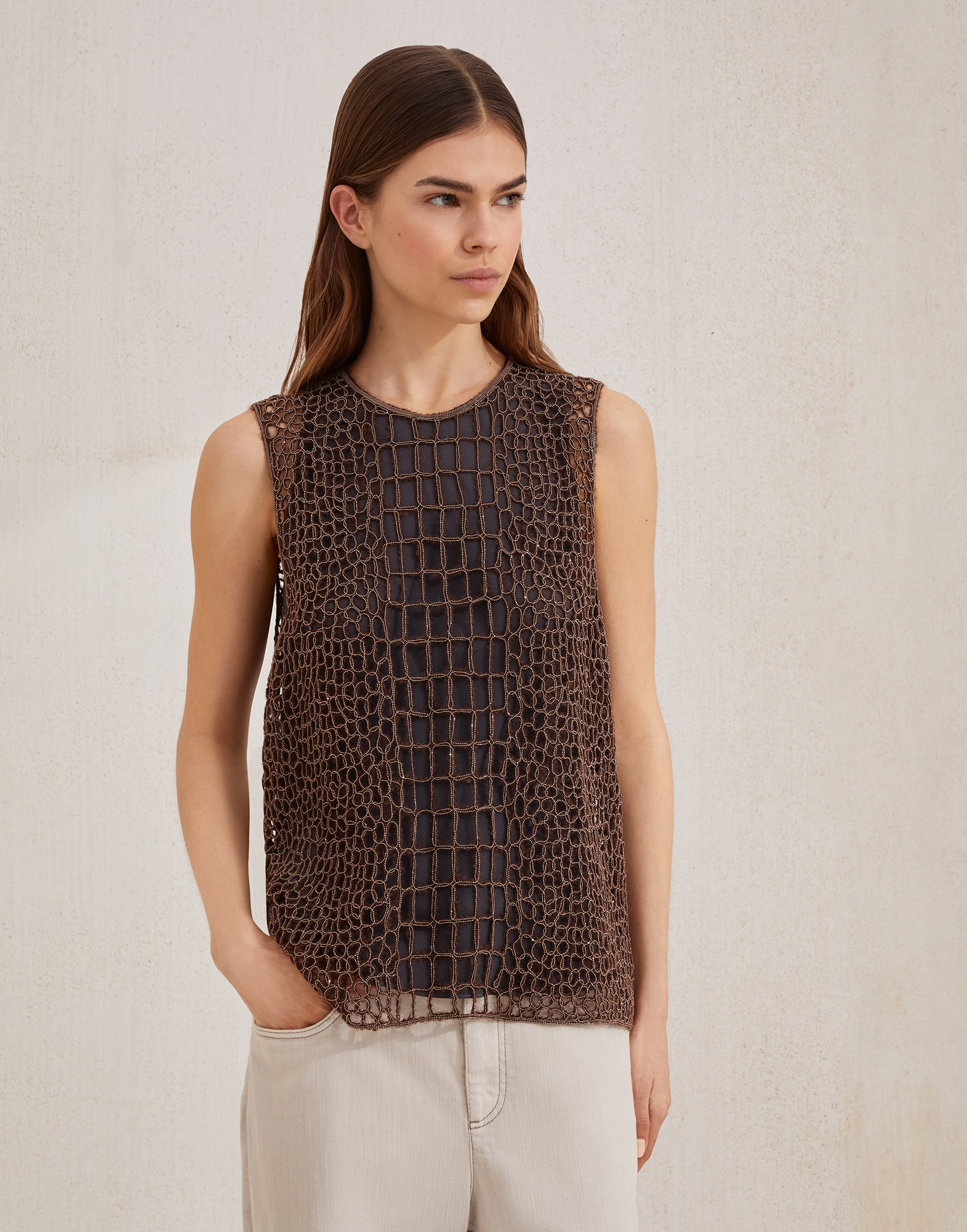 Precious croc embroidery top Brown Woman - Brunello Cucinelli