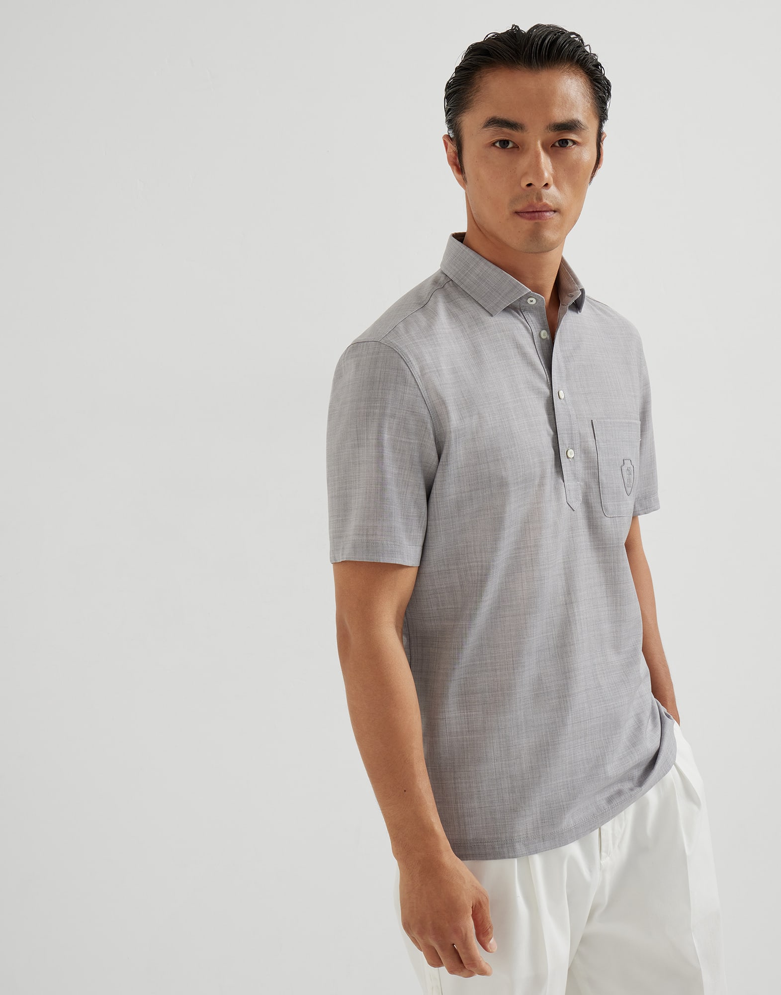 Poplin polo Pearl Grey Man - Brunello Cucinelli