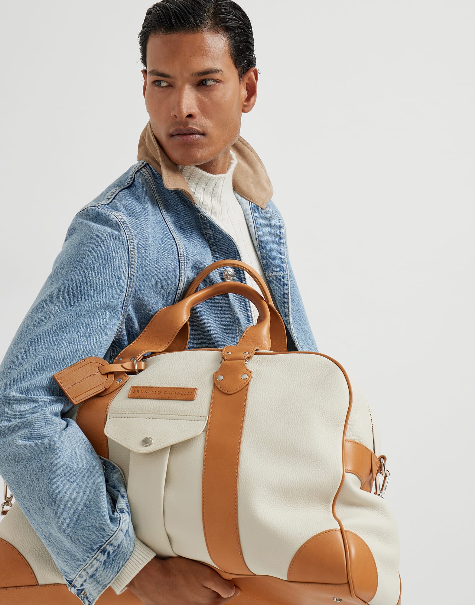 Grained calfskin street bag Ivory Man - Brunello Cucinelli