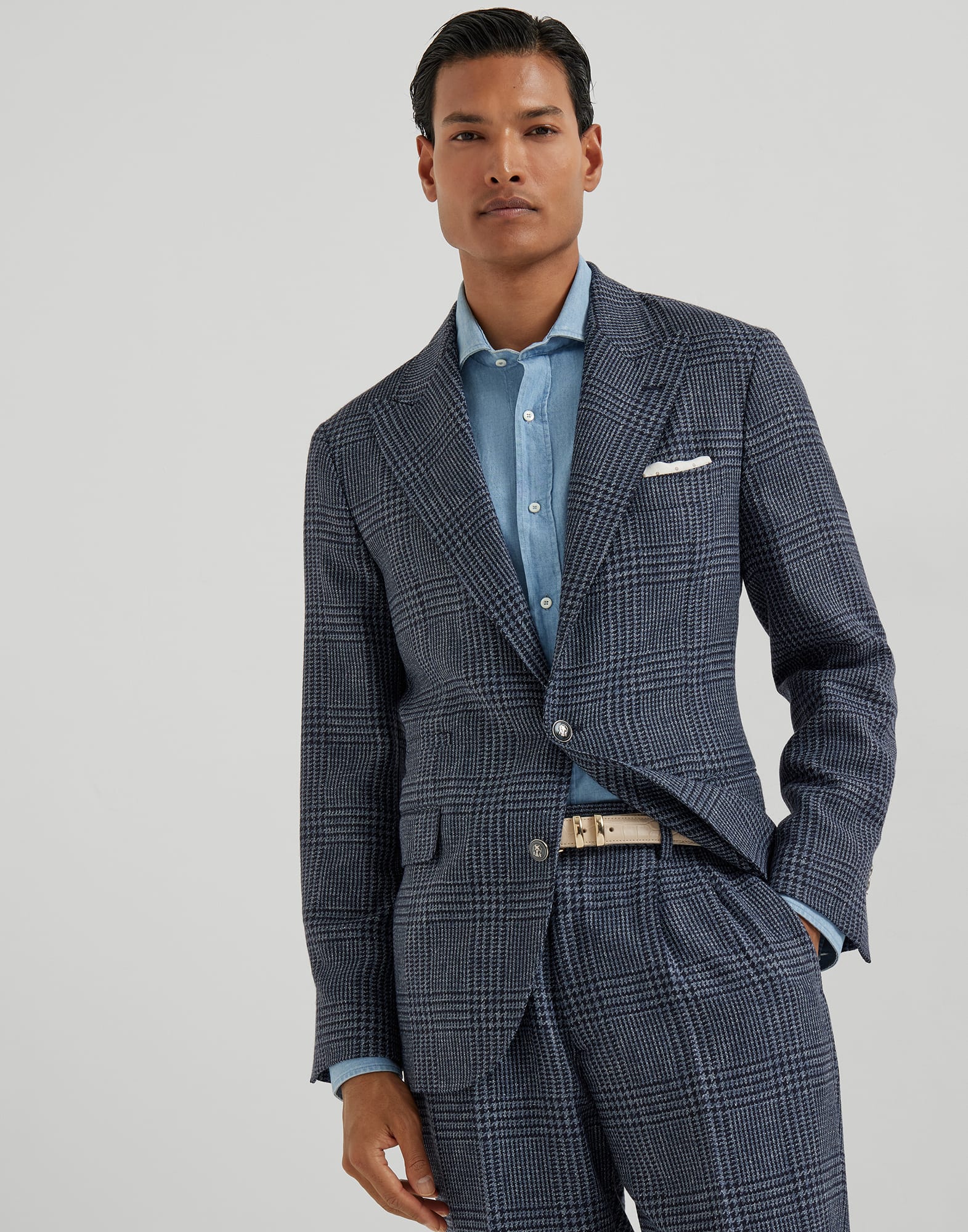 グレンチェック アンコンジャケット デニムブルー メンズ - Brunello Cucinelli