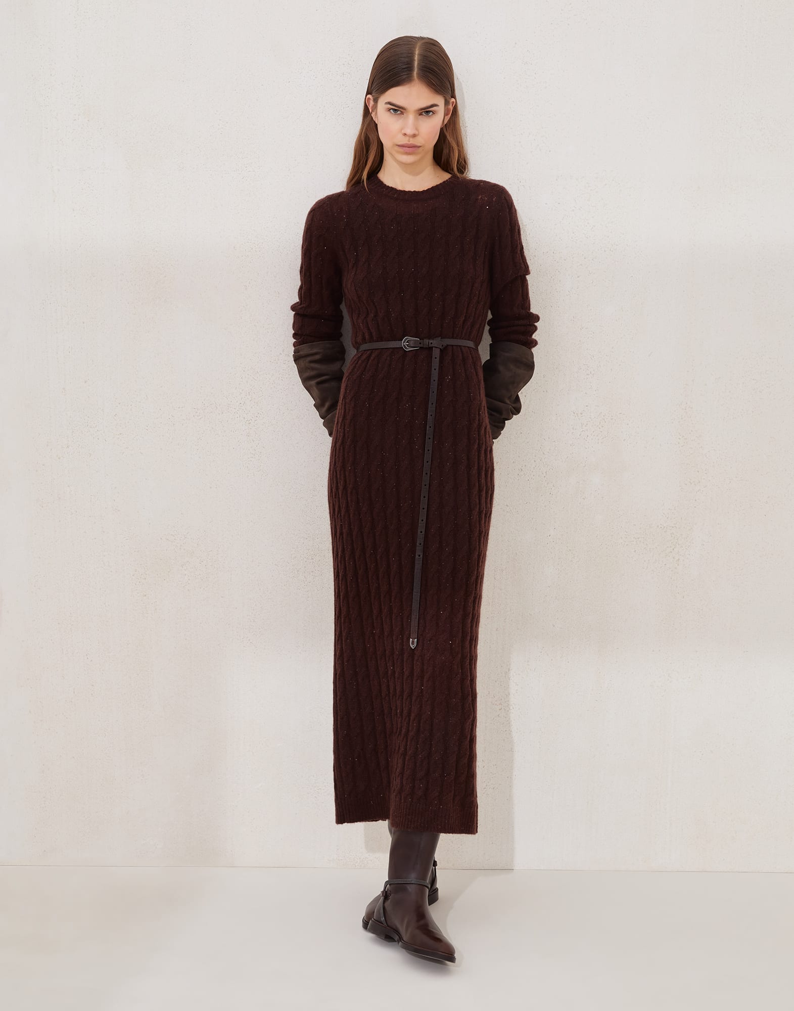Vestido de punto Dazzling Cable Cacao Mujer - Brunello Cucinelli