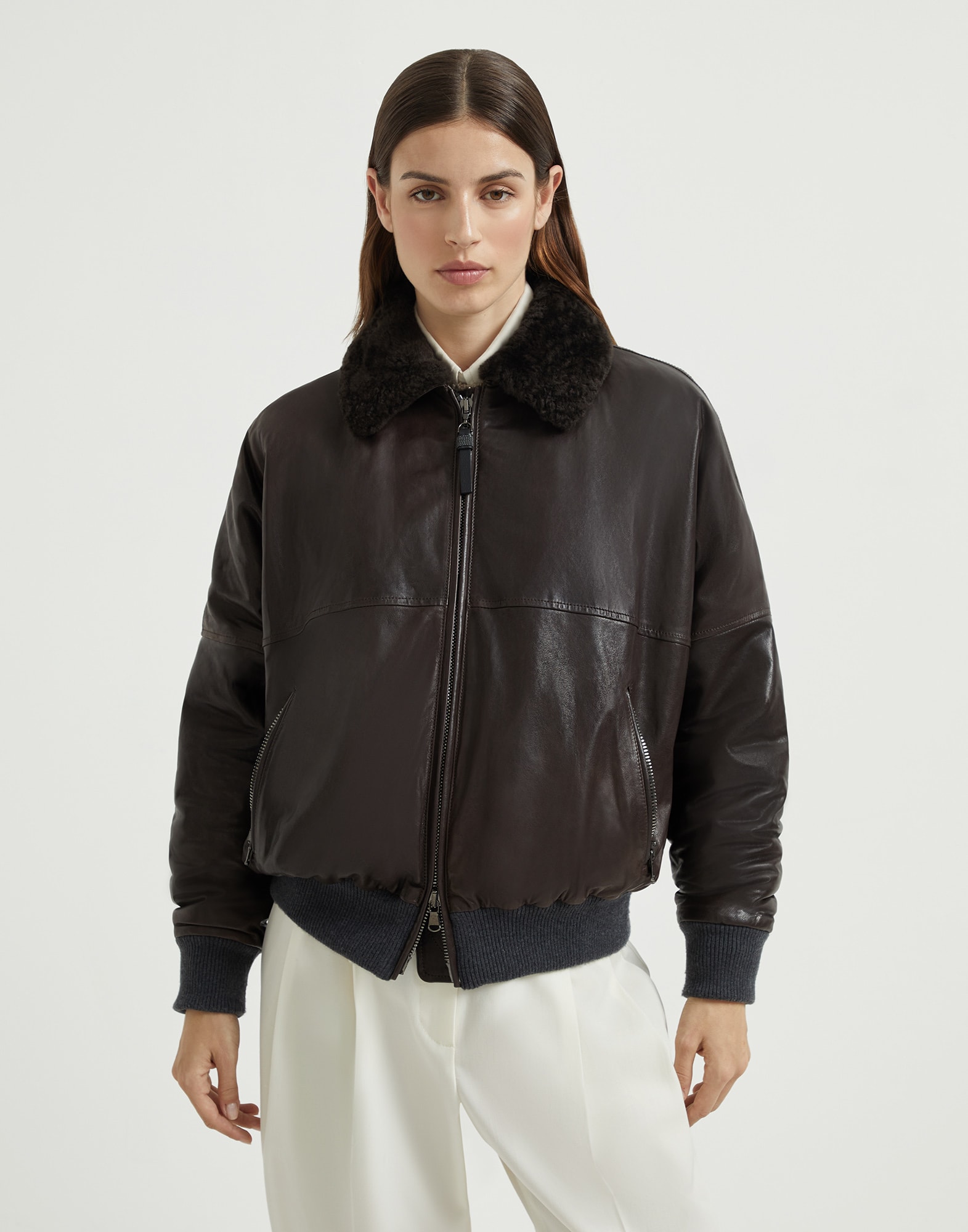 Nappa leather bomber jacket Cocoa Woman - Brunello Cucinelli
