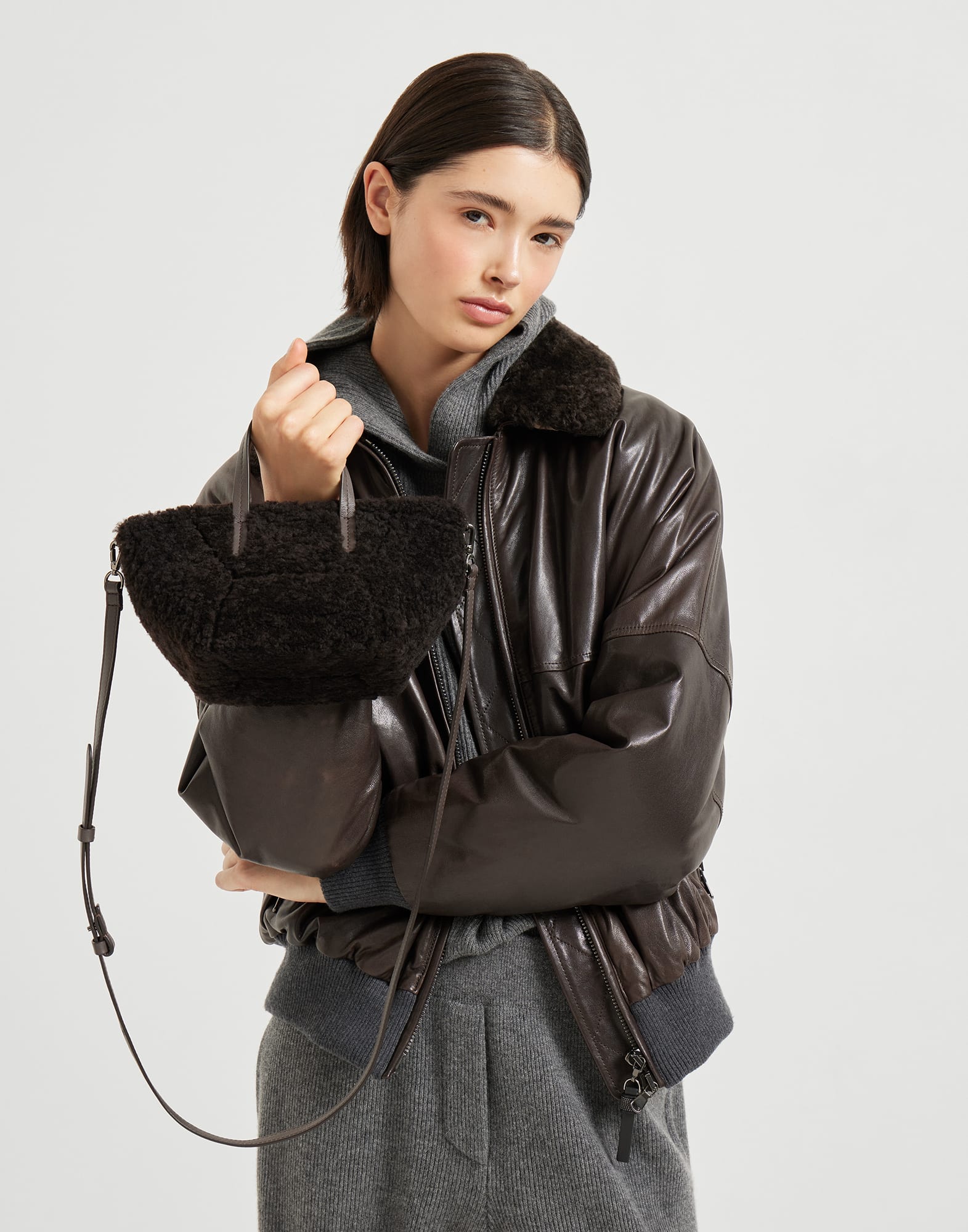 Shearling BC Duo mini bag Rust Brown Woman - Brunello Cucinelli