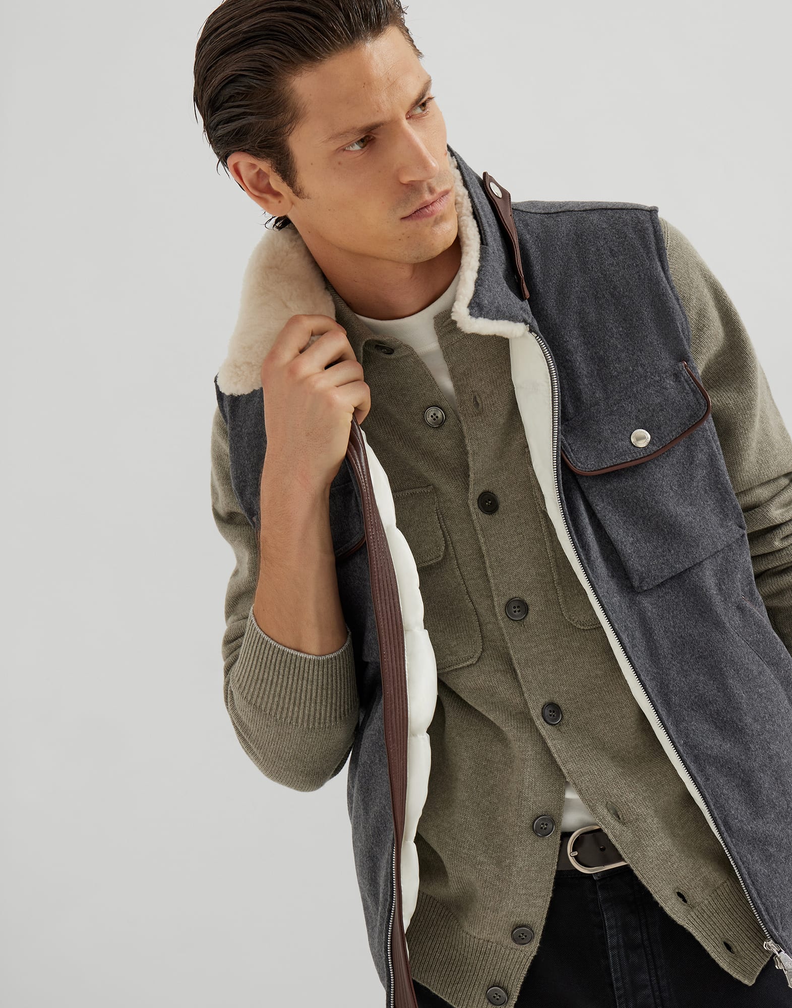 Flannel down vest Anthracite Man - Brunello Cucinelli
